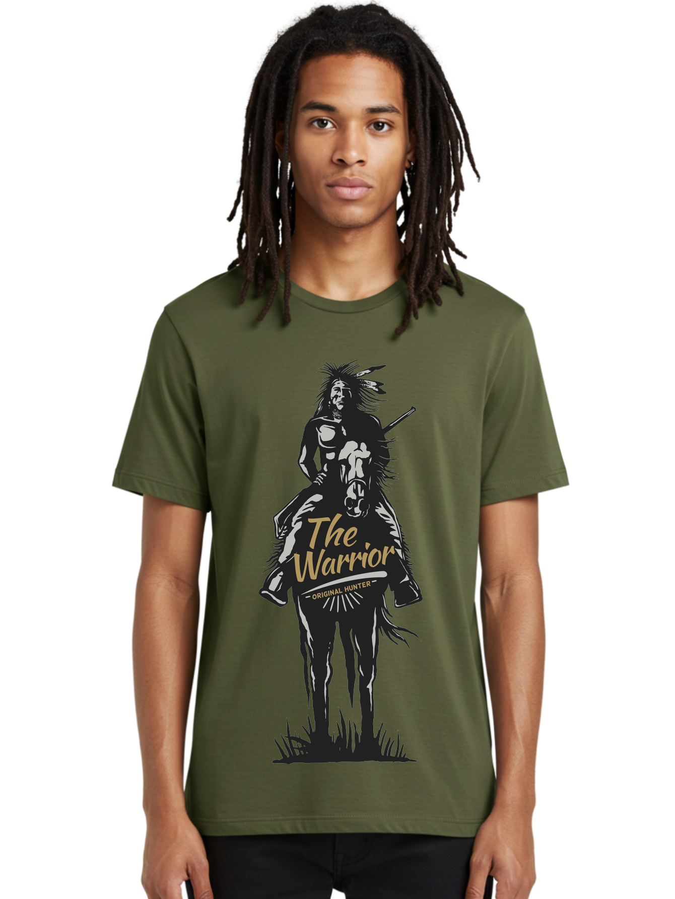Original Hunter Men'S Graphic Tee, 100% Cotton, Comfortable Casual Summer Wear, Machine Washable, Native American Warrior On Horseback, Original Whiskey, Black And Gold Illustration, Tribal Pride, Cultural Heritage, Whiskey Branding Aae568