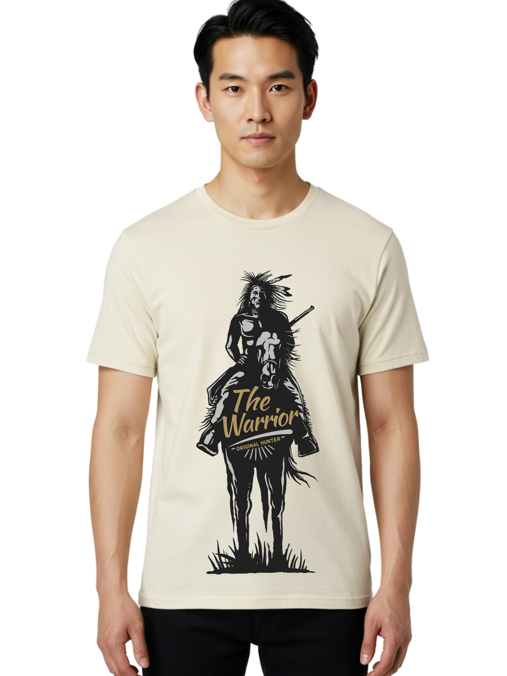 Original Hunter Men'S Graphic Tee, 100% Cotton, Comfortable Casual Summer Wear, Machine Washable, Native American Warrior On Horseback, Original Whiskey, Black And Gold Illustration, Tribal Pride, Cultural Heritage, Whiskey Branding Aae568