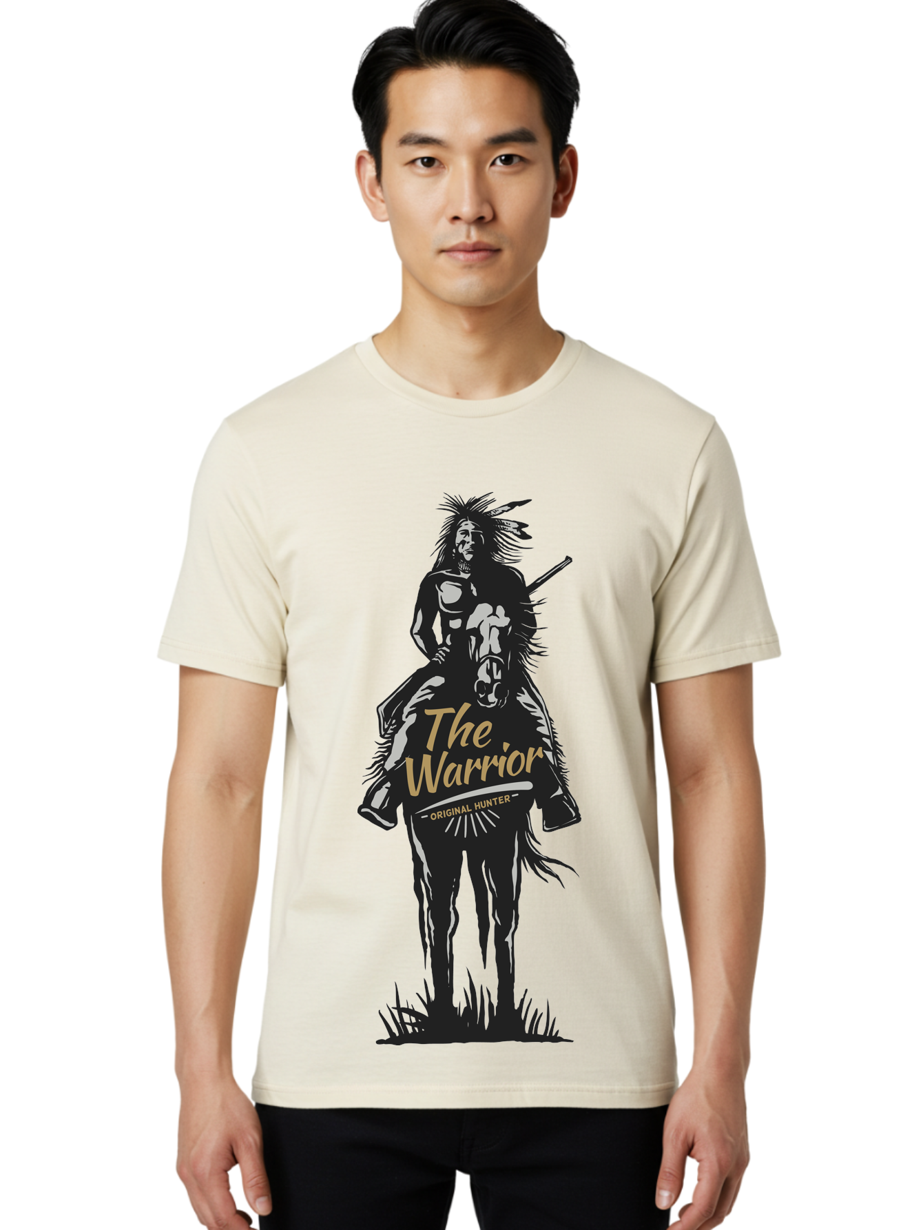 Original Hunter Men'S Graphic Tee, 100% Cotton, Comfortable Casual Summer Wear, Machine Washable, Native American Warrior On Horseback, Original Whiskey, Black And Gold Illustration, Tribal Pride, Cultural Heritage, Whiskey Branding Aae568