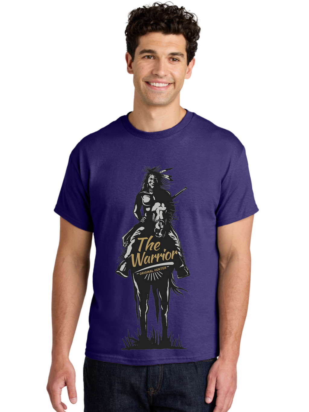 Original Hunter Men'S Graphic Tee, 100% Cotton, Comfortable Casual Summer Wear, Machine Washable, Native American Warrior On Horseback, Original Whiskey, Black And Gold Illustration, Tribal Pride, Cultural Heritage, Whiskey Branding Aae568
