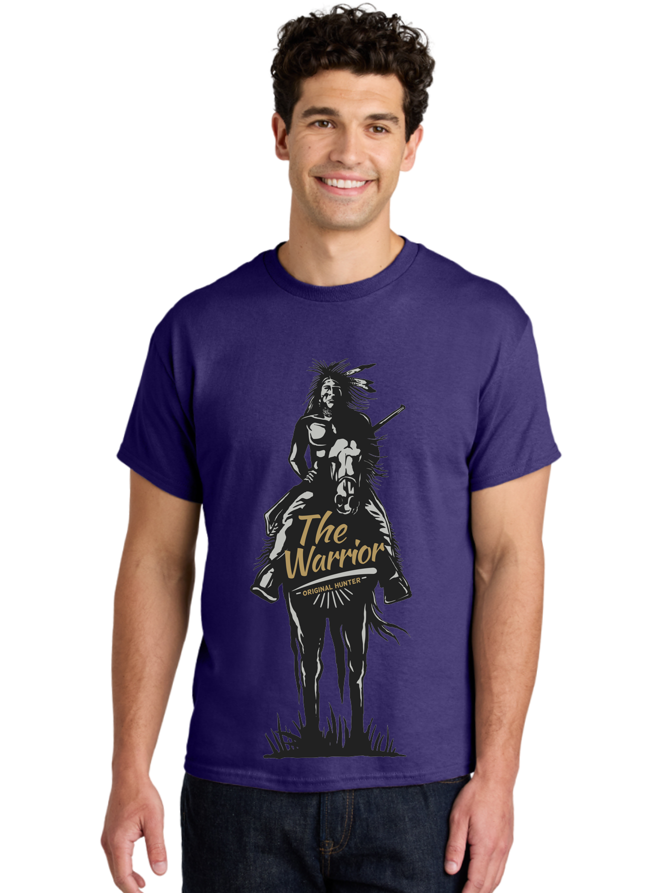 Original Hunter Men'S Graphic Tee, 100% Cotton, Comfortable Casual Summer Wear, Machine Washable, Native American Warrior On Horseback, Original Whiskey, Black And Gold Illustration, Tribal Pride, Cultural Heritage, Whiskey Branding Aae568