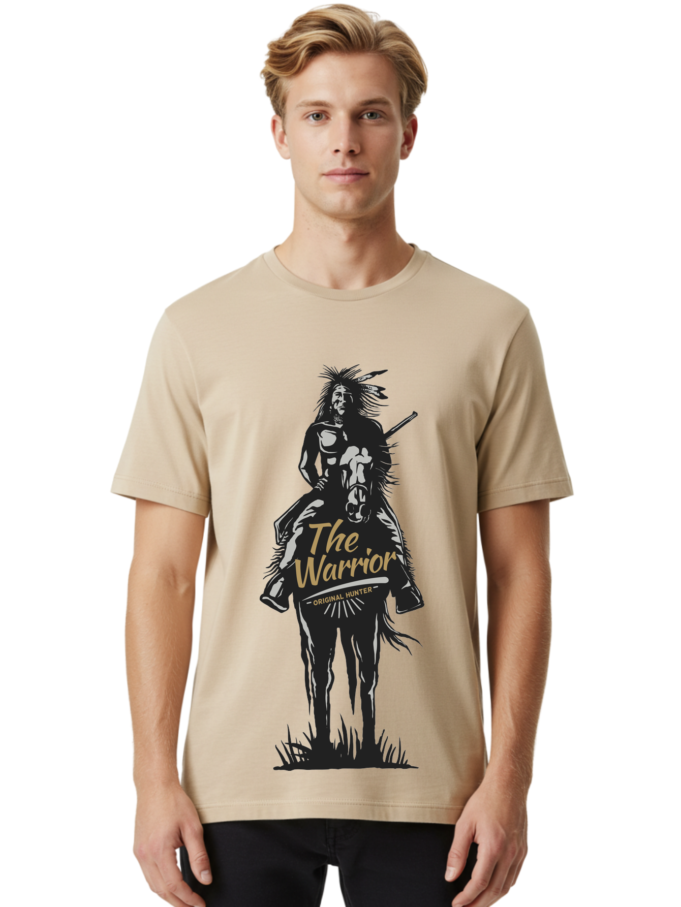 Original Hunter Men'S Graphic Tee, 100% Cotton, Comfortable Casual Summer Wear, Machine Washable, Native American Warrior On Horseback, Original Whiskey, Black And Gold Illustration, Tribal Pride, Cultural Heritage, Whiskey Branding Aae568