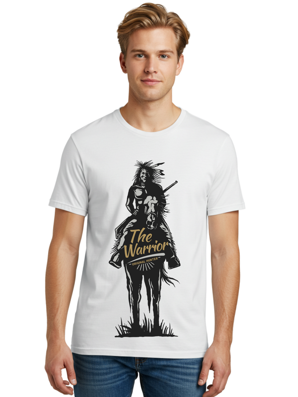 Original Hunter Men'S Graphic Tee, 100% Cotton, Comfortable Casual Summer Wear, Machine Washable, Native American Warrior On Horseback, Original Whiskey, Black And Gold Illustration, Tribal Pride, Cultural Heritage, Whiskey Branding Aae568