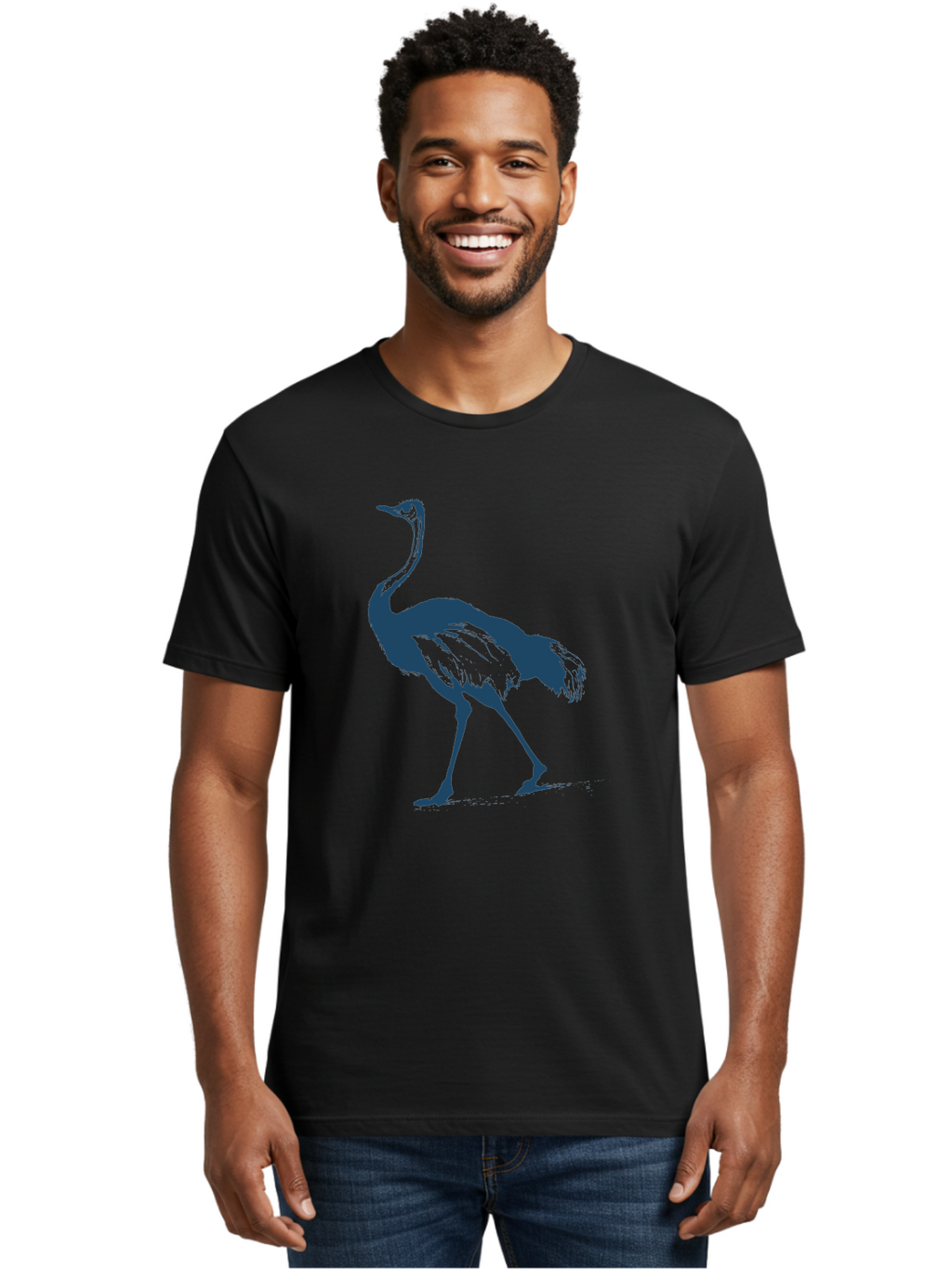 Ostrich Wildlife Men'S Graphic Tee, 100% Cotton, Comfortable Casual Summer Wear, Machine Washable, Ostrich Silhouette, Large Bird, Long Neck, Walking Pose, Dark Blue Illustration, Wildlife, Birdwatching, Nature Lover, Animal Art, Aae570
