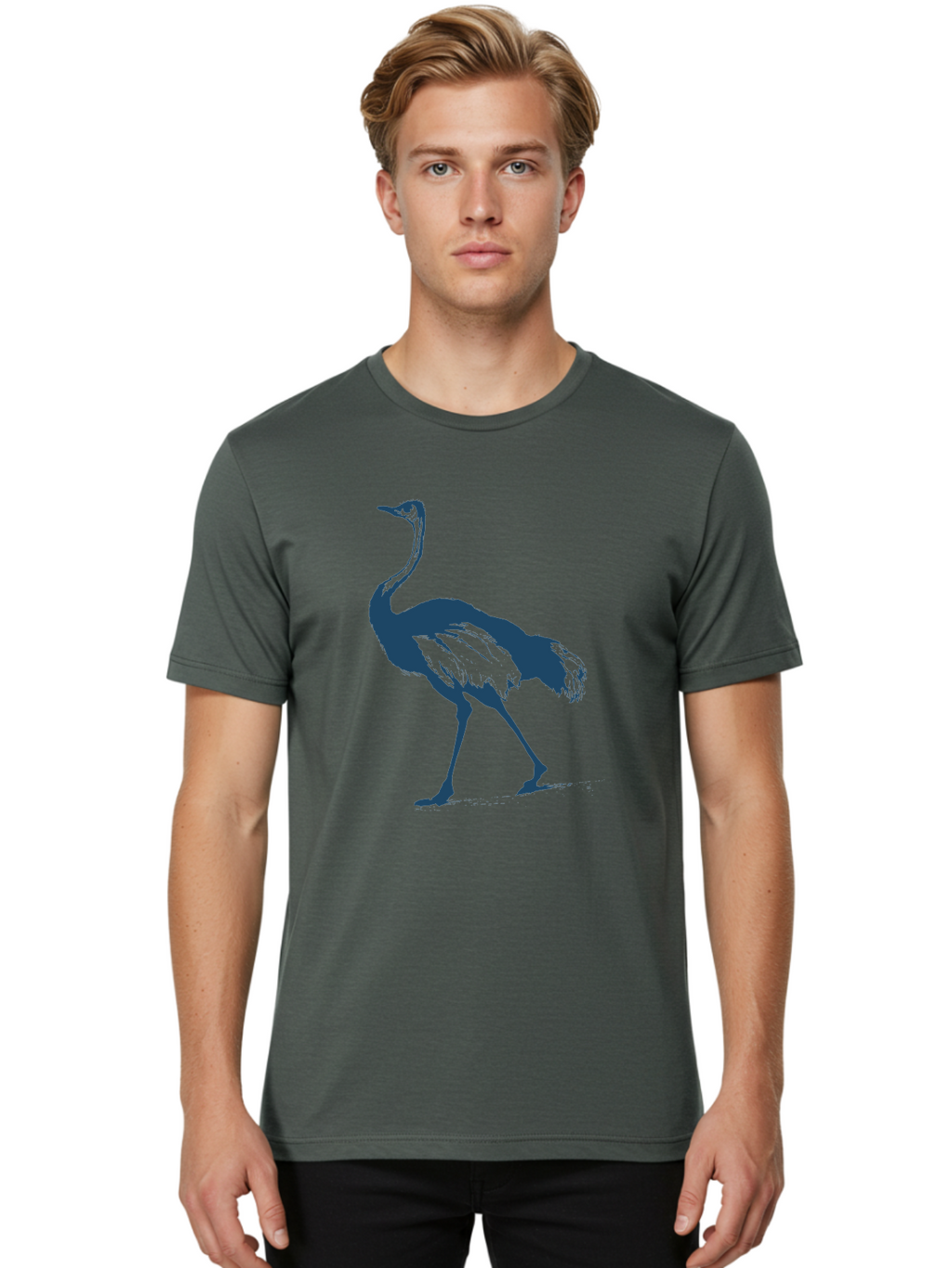 Ostrich Wildlife Men'S Graphic Tee, 100% Cotton, Comfortable Casual Summer Wear, Machine Washable, Ostrich Silhouette, Large Bird, Long Neck, Walking Pose, Dark Blue Illustration, Wildlife, Birdwatching, Nature Lover, Animal Art, Aae570
