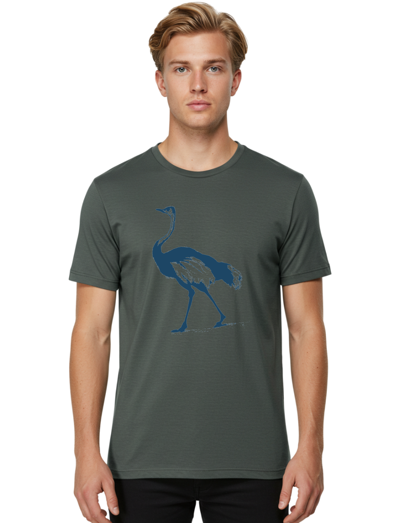 Ostrich Wildlife Men'S Graphic Tee, 100% Cotton, Comfortable Casual Summer Wear, Machine Washable, Ostrich Silhouette, Large Bird, Long Neck, Walking Pose, Dark Blue Illustration, Wildlife, Birdwatching, Nature Lover, Animal Art, Aae570
