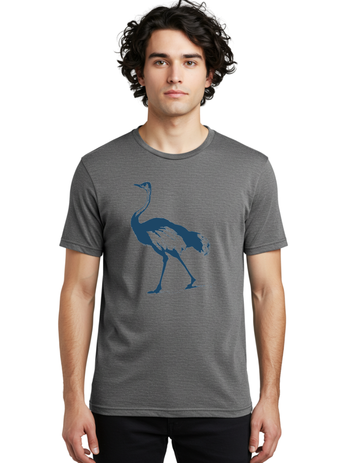 Ostrich Wildlife Men'S Graphic Tee, 100% Cotton, Comfortable Casual Summer Wear, Machine Washable, Ostrich Silhouette, Large Bird, Long Neck, Walking Pose, Dark Blue Illustration, Wildlife, Birdwatching, Nature Lover, Animal Art, Aae570