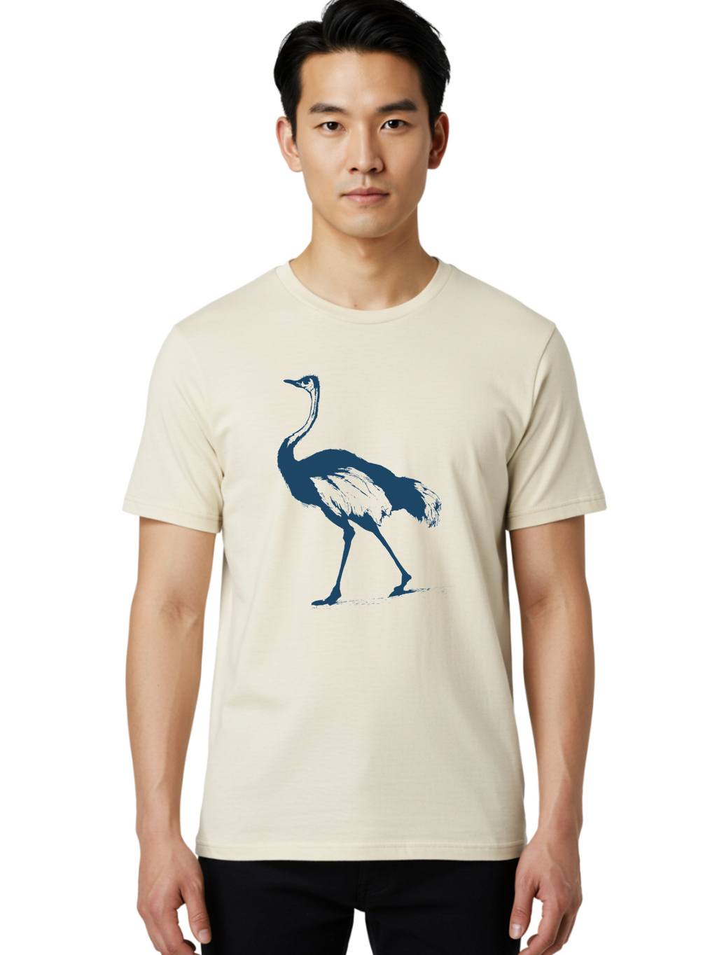 Ostrich Wildlife Men'S Graphic Tee, 100% Cotton, Comfortable Casual Summer Wear, Machine Washable, Ostrich Silhouette, Large Bird, Long Neck, Walking Pose, Dark Blue Illustration, Wildlife, Birdwatching, Nature Lover, Animal Art, Aae570