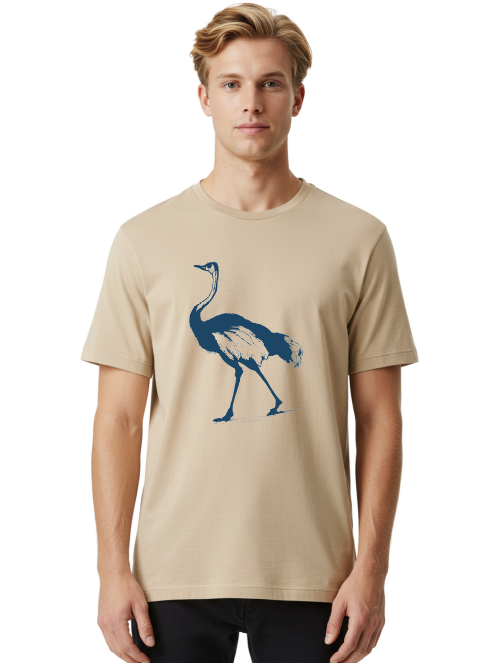 Ostrich Wildlife Men'S Graphic Tee, 100% Cotton, Comfortable Casual Summer Wear, Machine Washable, Ostrich Silhouette, Large Bird, Long Neck, Walking Pose, Dark Blue Illustration, Wildlife, Birdwatching, Nature Lover, Animal Art, Aae570