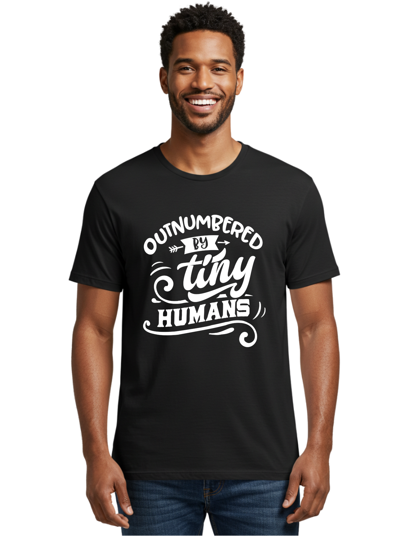 Outnumbered By Tiny Humans White Men'S Graphic Tee, 100% Cotton, Comfortable Casual Summer Wear, Machine Washable, Outnumbered By Tiny Humans, Typography, Quote, Inspirational, Parenting Quote, Fun Design, Whimsical Typography, Cute Phrases, Aae571