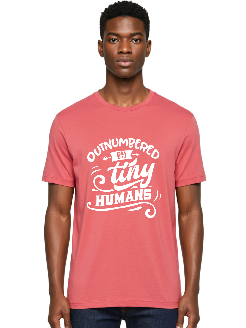 Outnumbered By Tiny Humans White Men'S Graphic Tee, 100% Cotton, Comfortable Casual Summer Wear, Machine Washable, Outnumbered By Tiny Humans, Typography, Quote, Inspirational, Parenting Quote, Fun Design, Whimsical Typography, Cute Phrases, Aae571