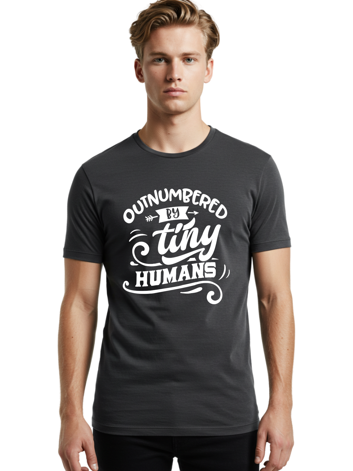 Outnumbered By Tiny Humans White Men'S Graphic Tee, 100% Cotton, Comfortable Casual Summer Wear, Machine Washable, Outnumbered By Tiny Humans, Typography, Quote, Inspirational, Parenting Quote, Fun Design, Whimsical Typography, Cute Phrases, Aae571