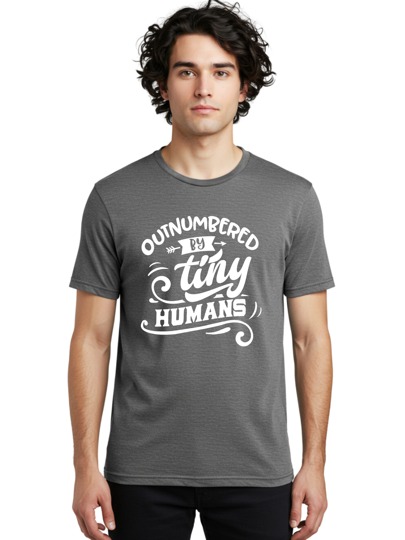 Outnumbered By Tiny Humans White Men'S Graphic Tee, 100% Cotton, Comfortable Casual Summer Wear, Machine Washable, Outnumbered By Tiny Humans, Typography, Quote, Inspirational, Parenting Quote, Fun Design, Whimsical Typography, Cute Phrases, Aae571
