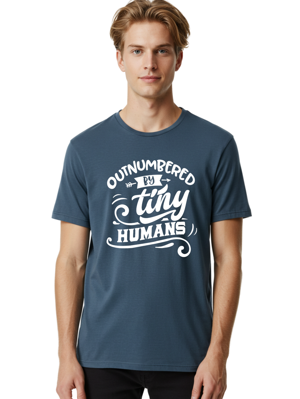Outnumbered By Tiny Humans White Men'S Graphic Tee, 100% Cotton, Comfortable Casual Summer Wear, Machine Washable, Outnumbered By Tiny Humans, Typography, Quote, Inspirational, Parenting Quote, Fun Design, Whimsical Typography, Cute Phrases, Aae571