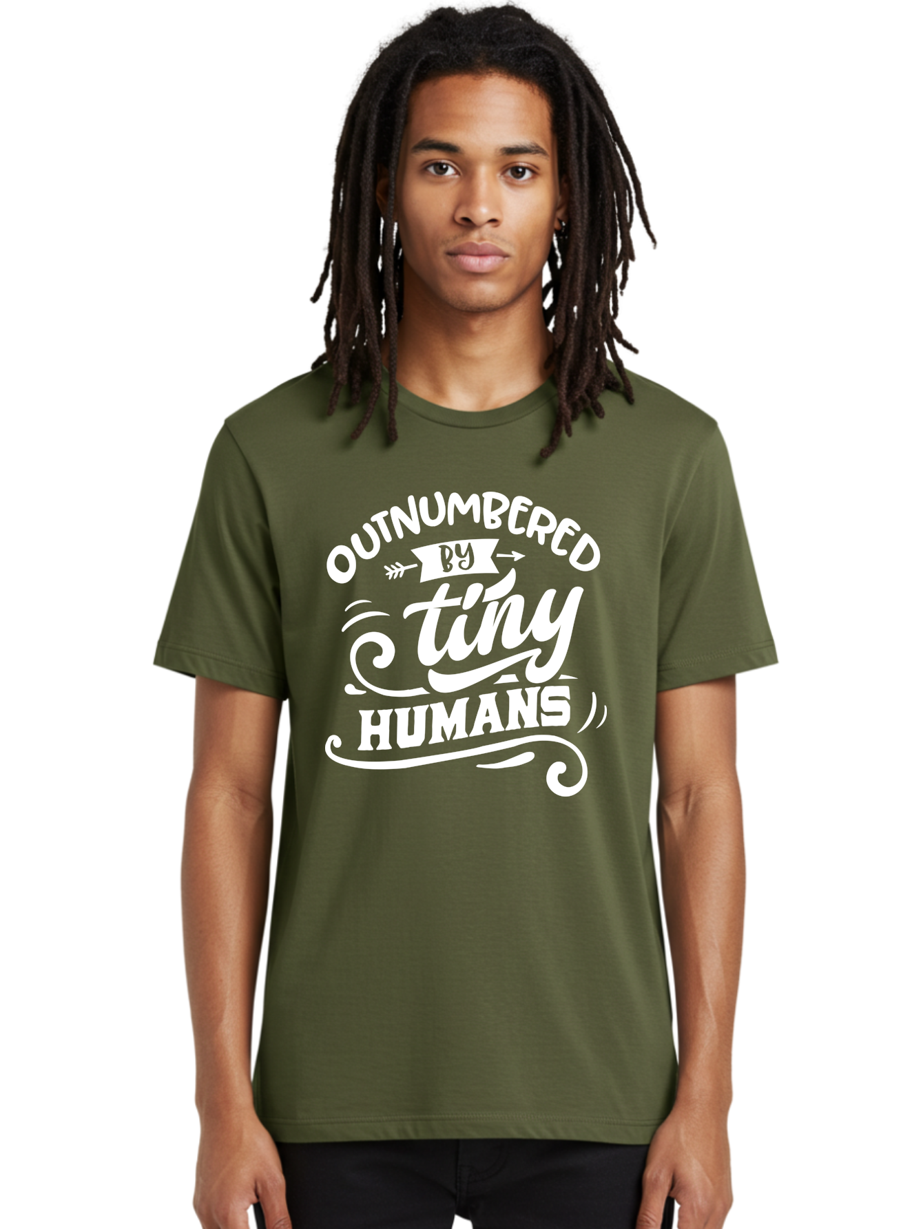 Outnumbered By Tiny Humans White Men'S Graphic Tee, 100% Cotton, Comfortable Casual Summer Wear, Machine Washable, Outnumbered By Tiny Humans, Typography, Quote, Inspirational, Parenting Quote, Fun Design, Whimsical Typography, Cute Phrases, Aae571