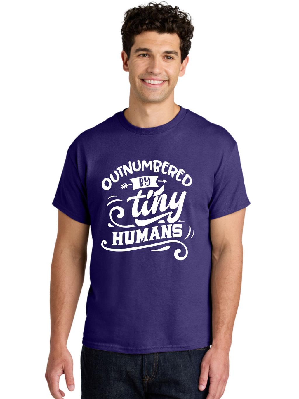 Outnumbered By Tiny Humans White Men'S Graphic Tee, 100% Cotton, Comfortable Casual Summer Wear, Machine Washable, Outnumbered By Tiny Humans, Typography, Quote, Inspirational, Parenting Quote, Fun Design, Whimsical Typography, Cute Phrases, Aae571