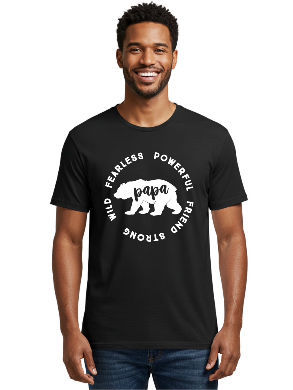 Papa Bear White Men'S Graphic Tee, 100% Cotton, Comfortable Casual Summer Wear, Machine Washable, Bear Silhouette, Papa Bear, Fearless, Powerful, Friendly Bear, Wild And Strong, Father'S Day Gift, Motivational Quote, Bear Design, Aae574