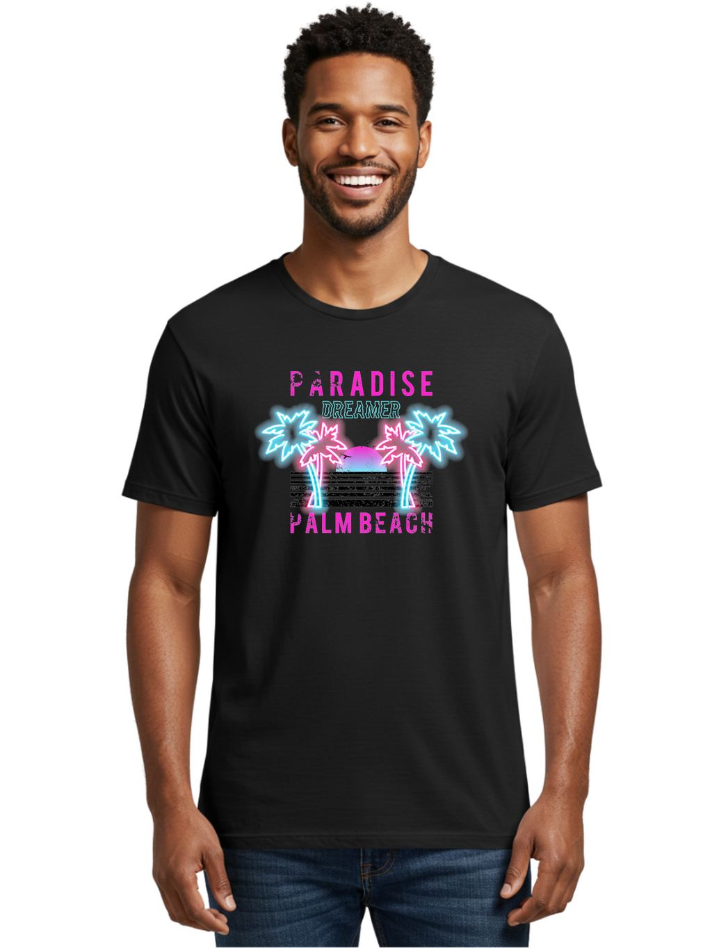 Paradise Dreamer Palm Beach -Men Men'S Graphic Tee, 100% Cotton, Comfortable Casual Summer Wear, Machine Washable, Neon Palm Trees, Tropical Getaway, Paradise Found, Dreamy Vacation, Beach Vibes, Retro Futurism, Futuristic Design, Aae576