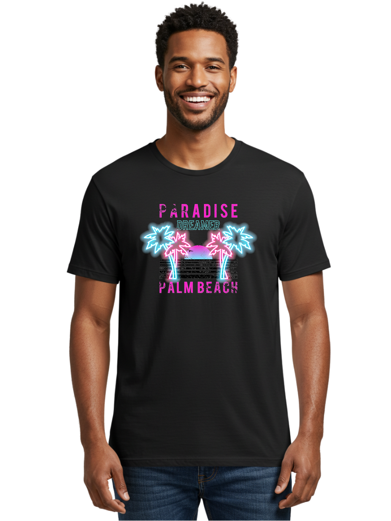 Paradise Dreamer Palm Beach -Men Men'S Graphic Tee, 100% Cotton, Comfortable Casual Summer Wear, Machine Washable, Neon Palm Trees, Tropical Getaway, Paradise Found, Dreamy Vacation, Beach Vibes, Retro Futurism, Futuristic Design, Aae576