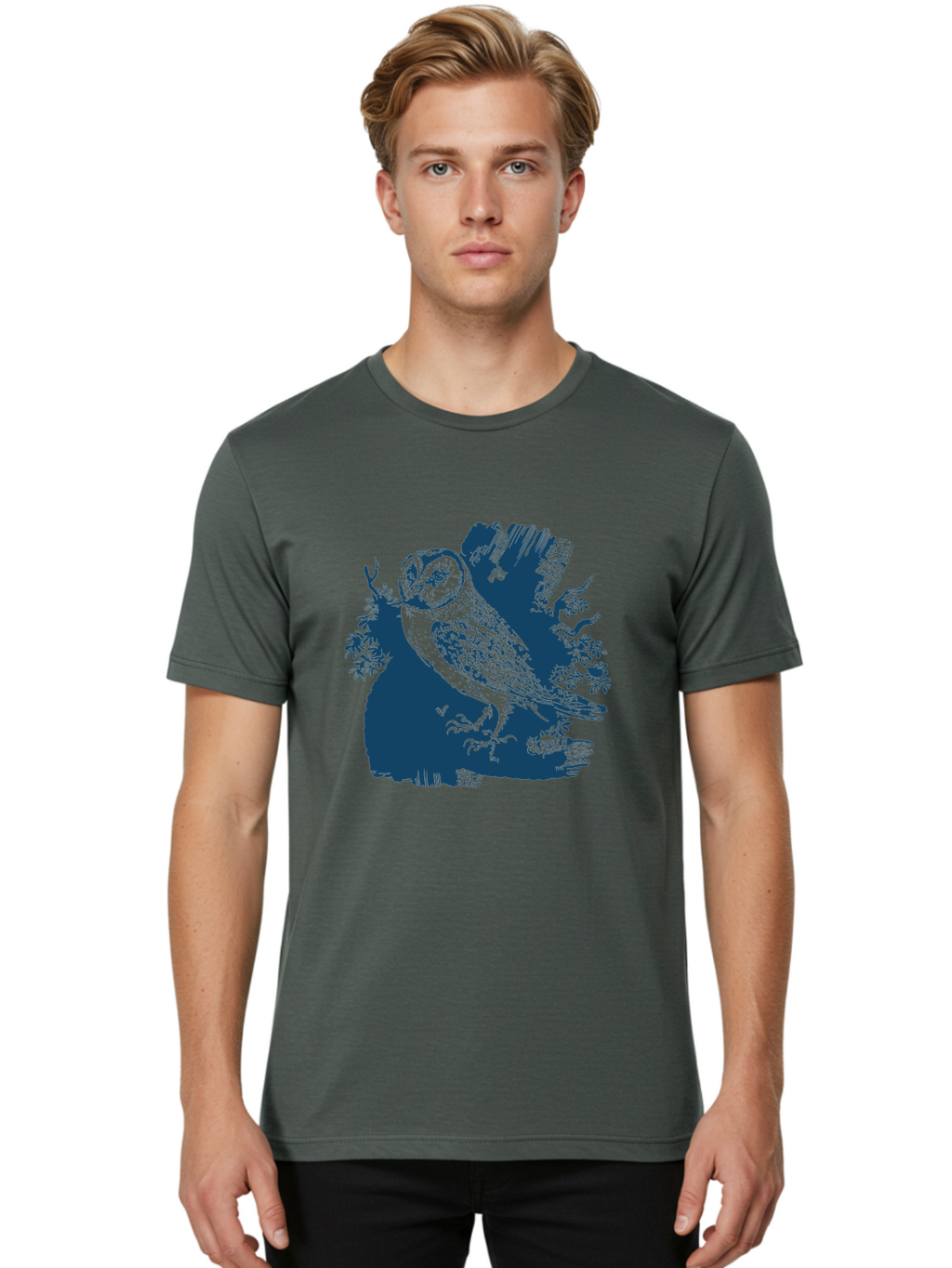 Perched Forest Owl Men'S Graphic Tee, 100% Cotton, Comfortable Casual Summer Wear, Machine Washable, Owl Perched On Branch, Nocturnal Bird, Forest Wildlife, Night Hunter, Dark Blue Silhouette, Intricate Details, Mysterious Ambiance, Aae580