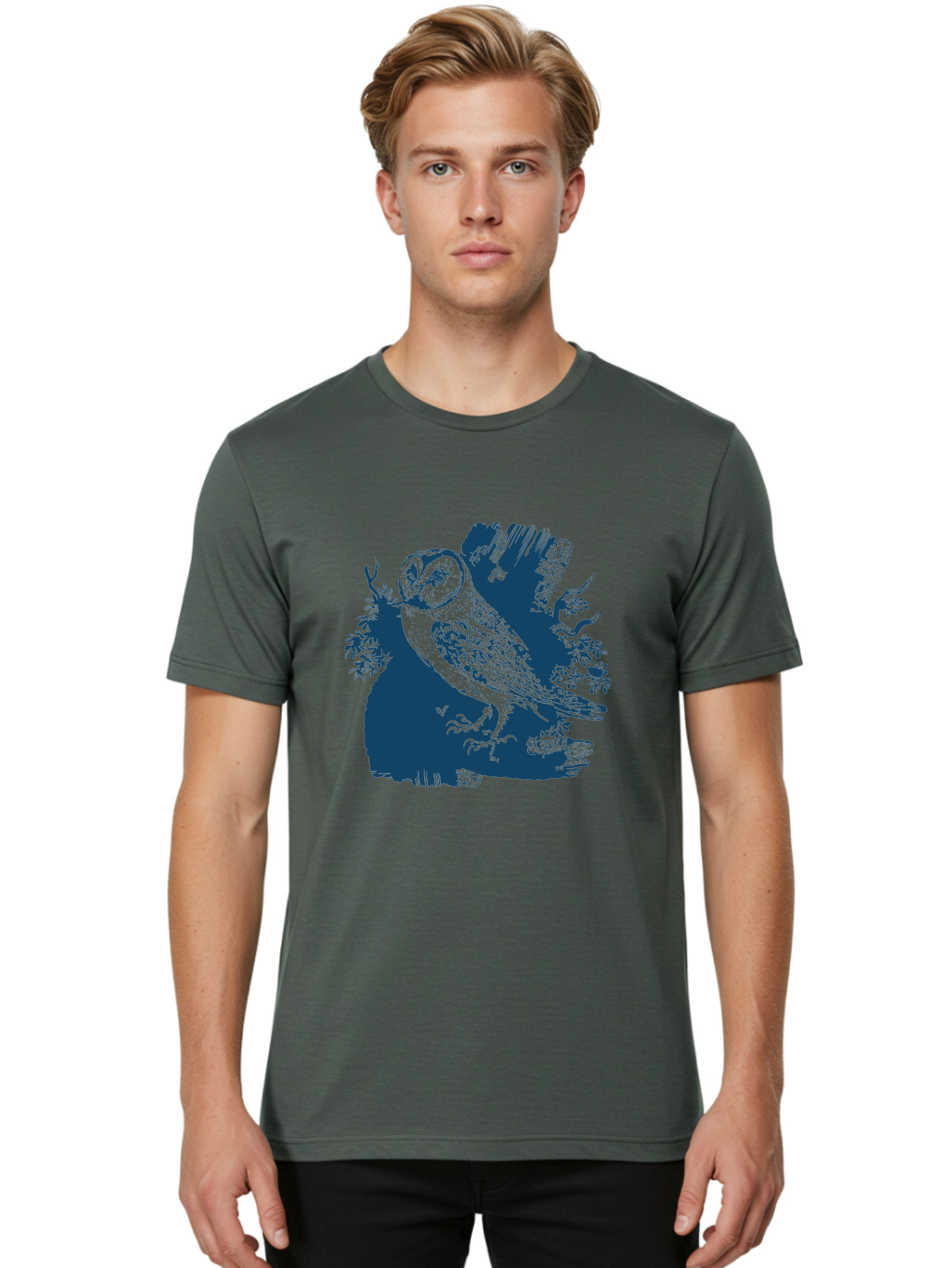 Perched Forest Owl Men'S Graphic Tee, 100% Cotton, Comfortable Casual Summer Wear, Machine Washable, Owl Perched On Branch, Nocturnal Bird, Forest Wildlife, Night Hunter, Dark Blue Silhouette, Intricate Details, Mysterious Ambiance, Aae580