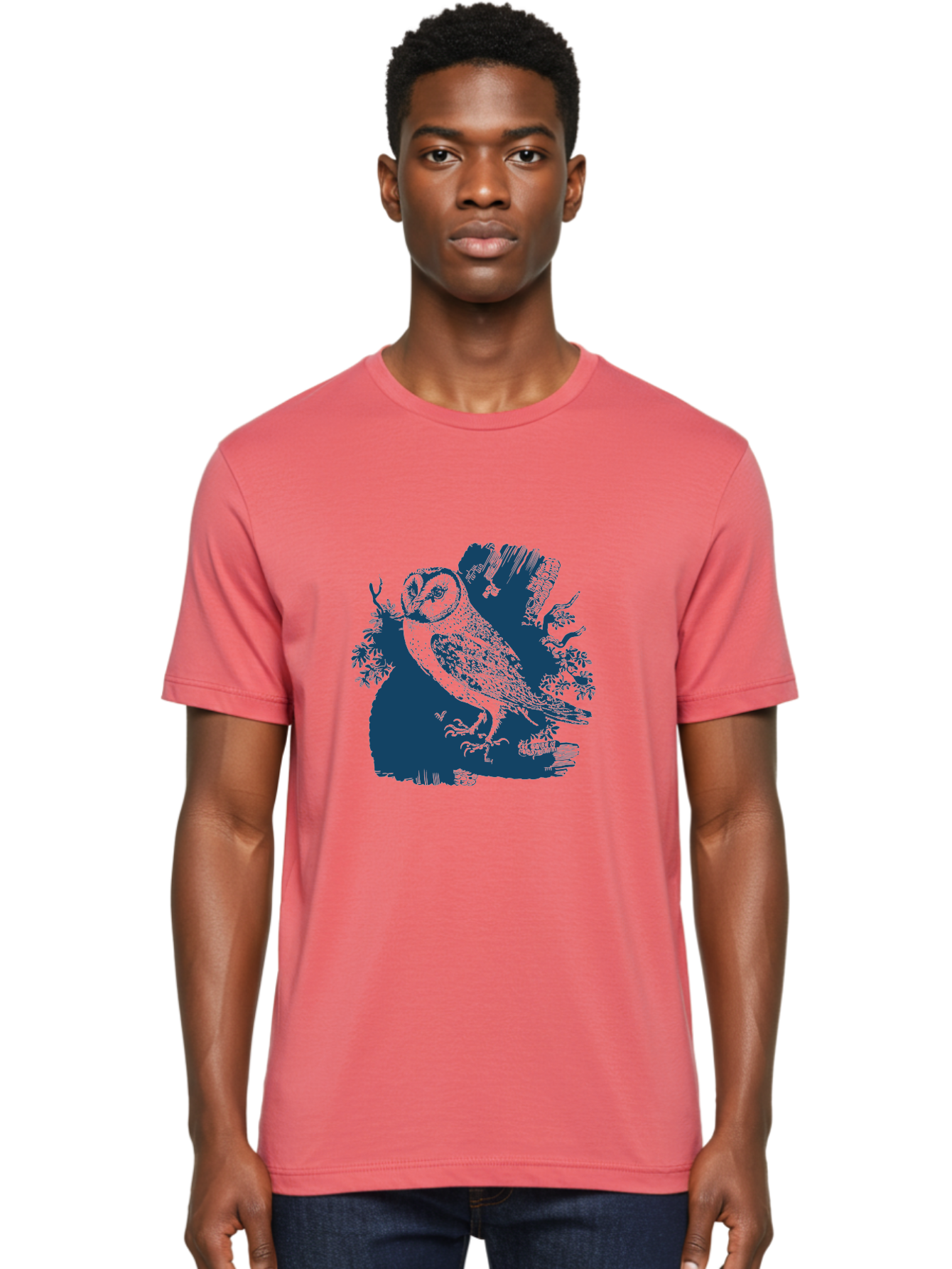 Perched Forest Owl Men'S Graphic Tee, 100% Cotton, Comfortable Casual Summer Wear, Machine Washable, Owl Perched On Branch, Nocturnal Bird, Forest Wildlife, Night Hunter, Dark Blue Silhouette, Intricate Details, Mysterious Ambiance, Aae580