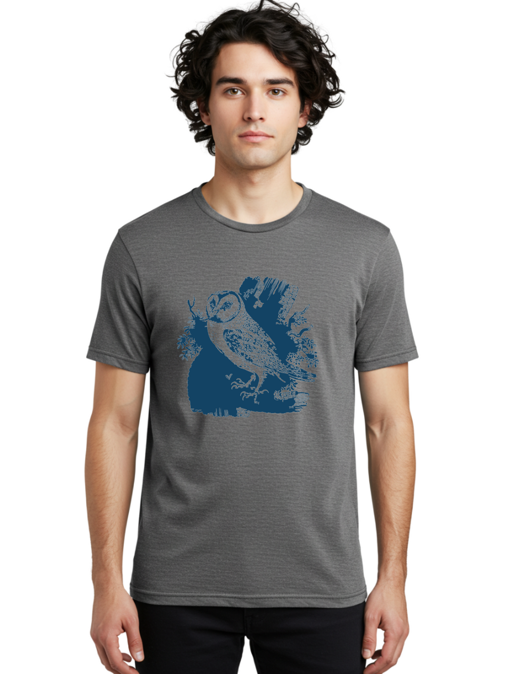 Perched Forest Owl Men'S Graphic Tee, 100% Cotton, Comfortable Casual Summer Wear, Machine Washable, Owl Perched On Branch, Nocturnal Bird, Forest Wildlife, Night Hunter, Dark Blue Silhouette, Intricate Details, Mysterious Ambiance, Aae580