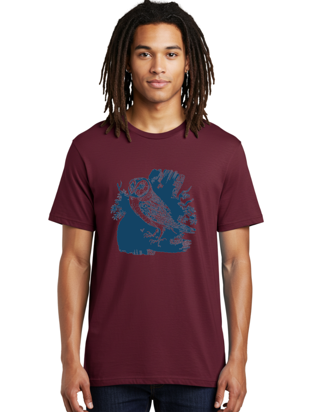 Perched Forest Owl Men'S Graphic Tee, 100% Cotton, Comfortable Casual Summer Wear, Machine Washable, Owl Perched On Branch, Nocturnal Bird, Forest Wildlife, Night Hunter, Dark Blue Silhouette, Intricate Details, Mysterious Ambiance, Aae580