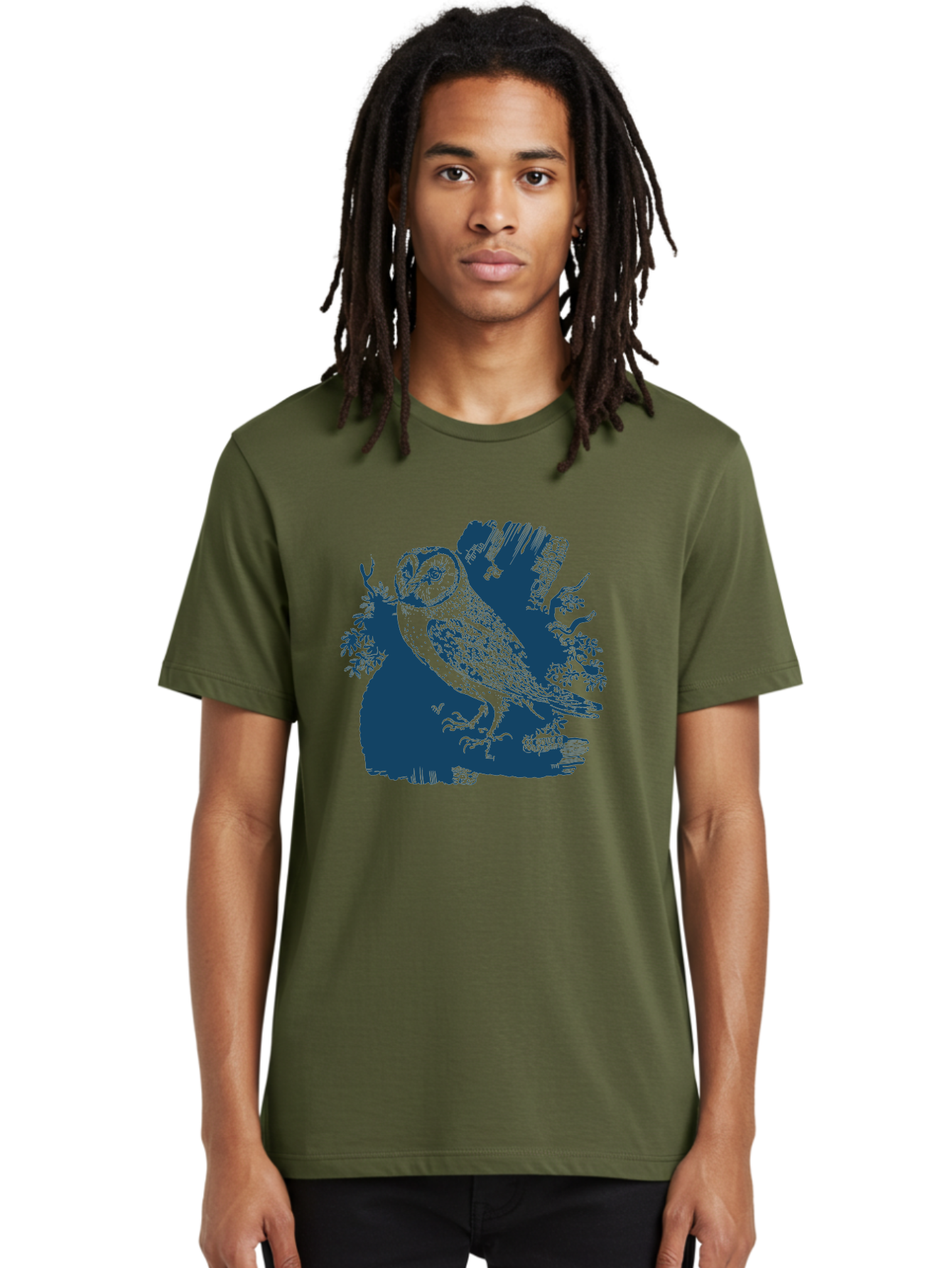 Perched Forest Owl Men'S Graphic Tee, 100% Cotton, Comfortable Casual Summer Wear, Machine Washable, Owl Perched On Branch, Nocturnal Bird, Forest Wildlife, Night Hunter, Dark Blue Silhouette, Intricate Details, Mysterious Ambiance, Aae580
