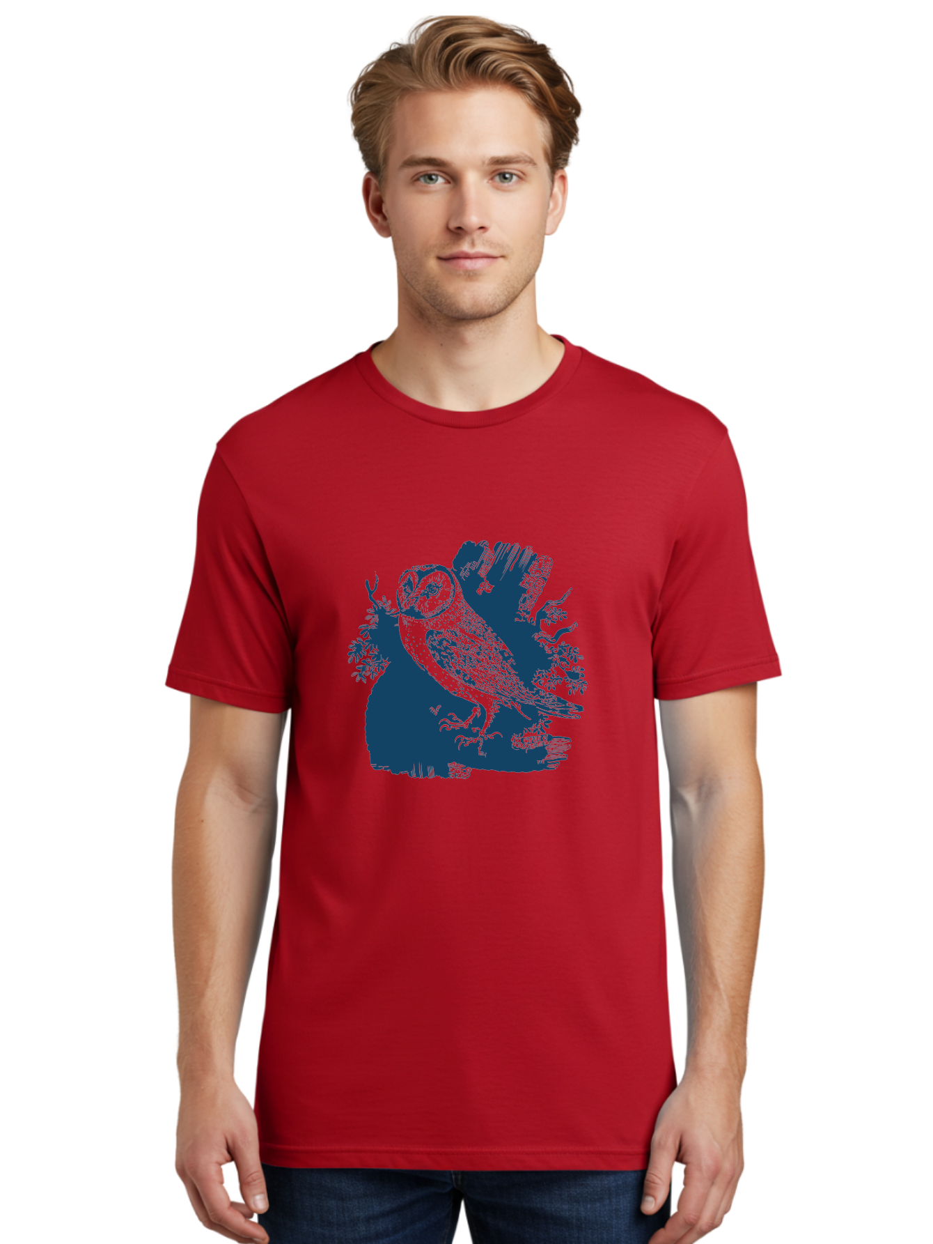 Perched Forest Owl Men'S Graphic Tee, 100% Cotton, Comfortable Casual Summer Wear, Machine Washable, Owl Perched On Branch, Nocturnal Bird, Forest Wildlife, Night Hunter, Dark Blue Silhouette, Intricate Details, Mysterious Ambiance, Aae580