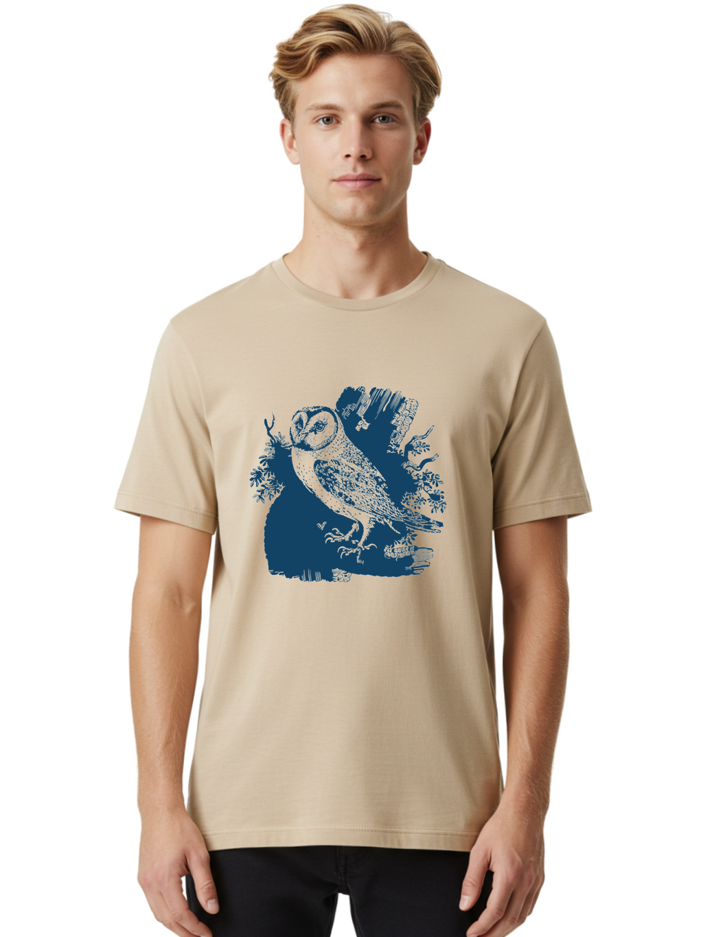 Perched Forest Owl Men'S Graphic Tee, 100% Cotton, Comfortable Casual Summer Wear, Machine Washable, Owl Perched On Branch, Nocturnal Bird, Forest Wildlife, Night Hunter, Dark Blue Silhouette, Intricate Details, Mysterious Ambiance, Aae580