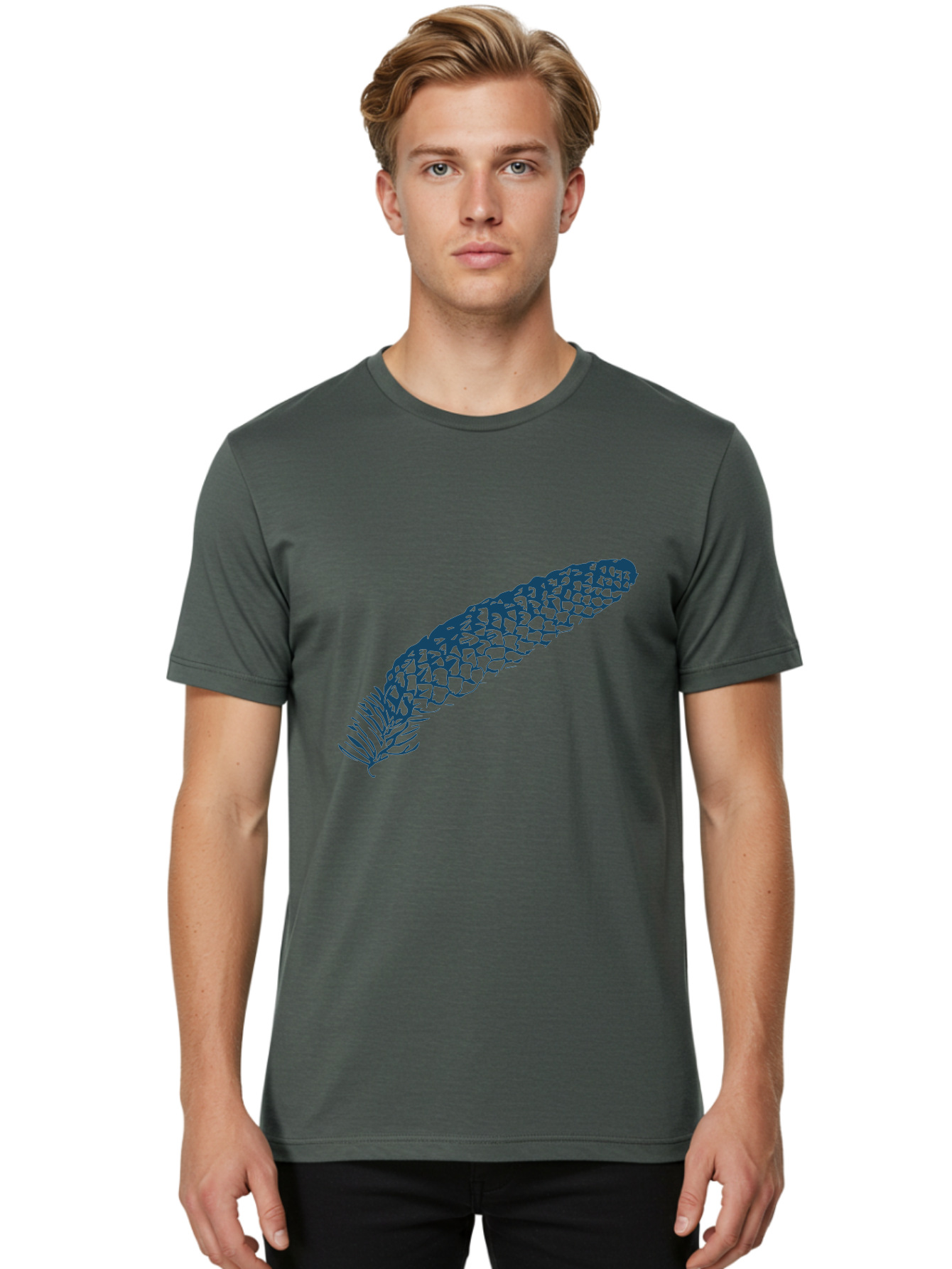 Pinecone Men'S Graphic Tee, 100% Cotton, Comfortable Casual Summer Wear, Machine Washable, Blue Feather Illustration, Intricate Scale Pattern, Bird Symbolism, Nature-Inspired Art, Abstract Design, Feather Texture, Artistic Expression, Aae581