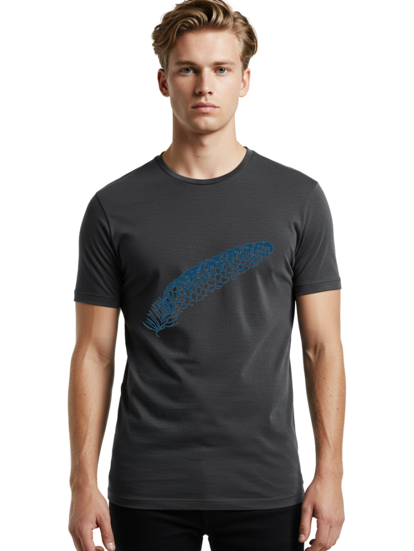 Pinecone Men'S Graphic Tee, 100% Cotton, Comfortable Casual Summer Wear, Machine Washable, Blue Feather Illustration, Intricate Scale Pattern, Bird Symbolism, Nature-Inspired Art, Abstract Design, Feather Texture, Artistic Expression, Aae581