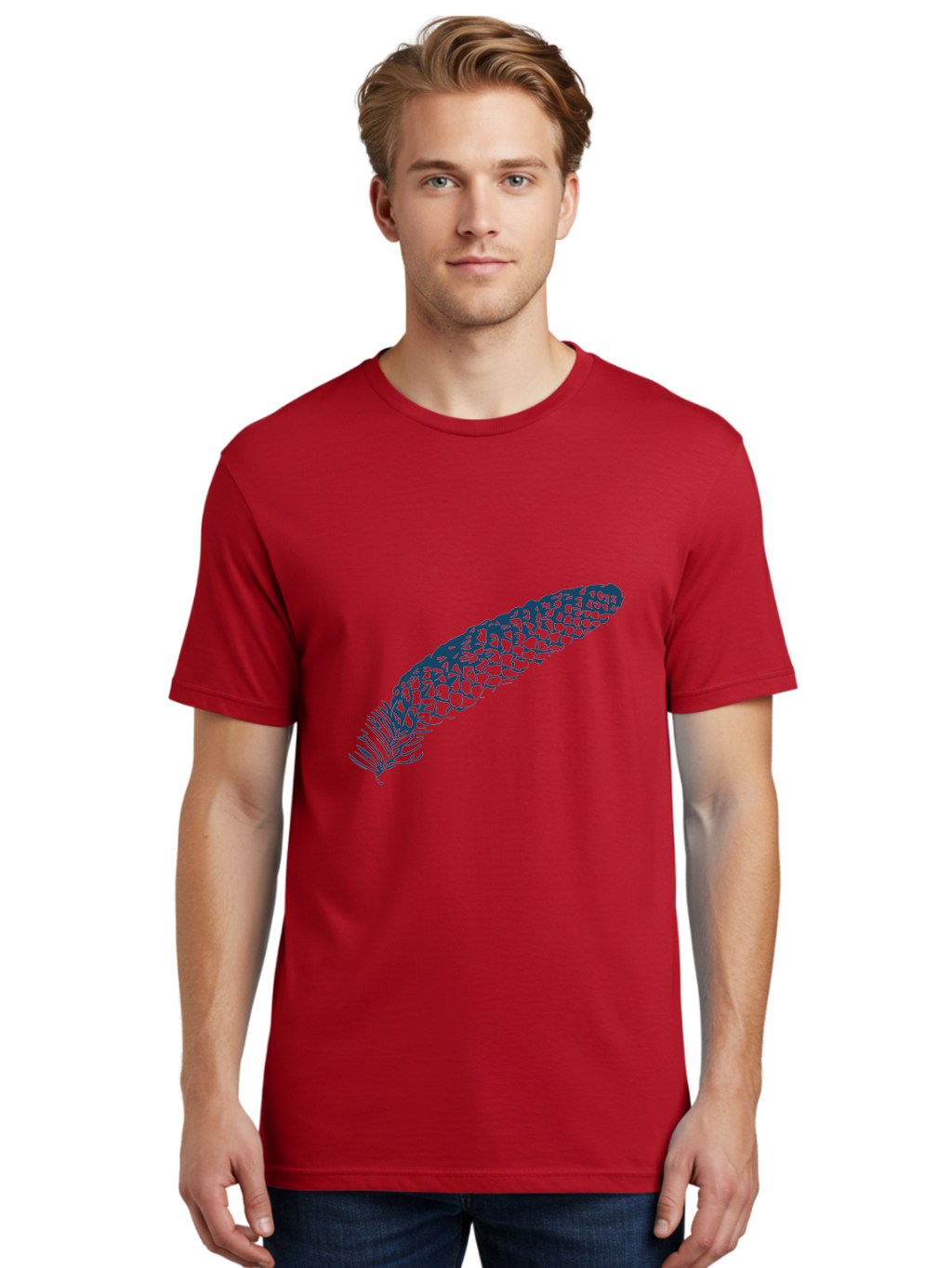 Pinecone Men'S Graphic Tee, 100% Cotton, Comfortable Casual Summer Wear, Machine Washable, Blue Feather Illustration, Intricate Scale Pattern, Bird Symbolism, Nature-Inspired Art, Abstract Design, Feather Texture, Artistic Expression, Aae581