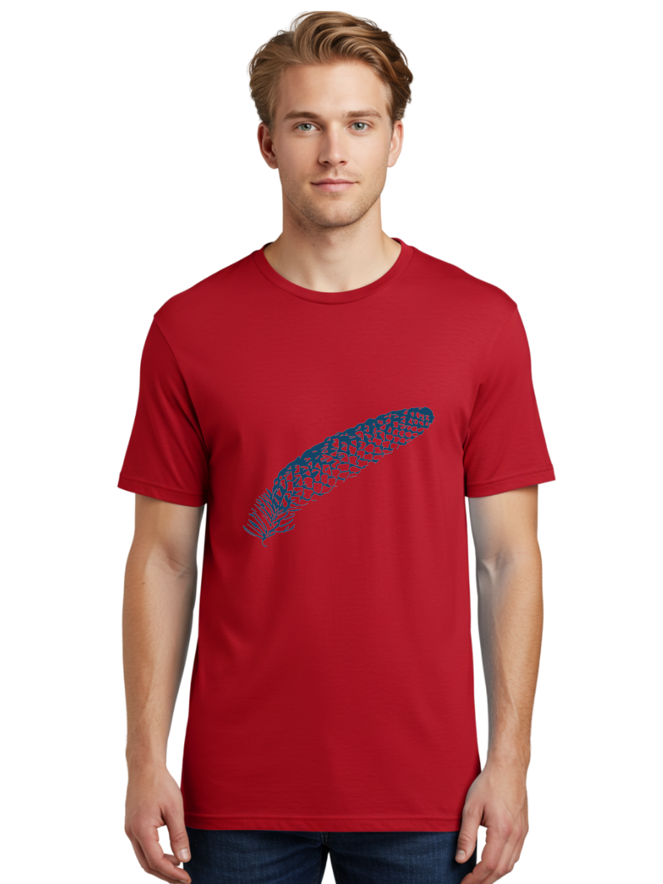 Pinecone Men'S Graphic Tee, 100% Cotton, Comfortable Casual Summer Wear, Machine Washable, Blue Feather Illustration, Intricate Scale Pattern, Bird Symbolism, Nature-Inspired Art, Abstract Design, Feather Texture, Artistic Expression, Aae581