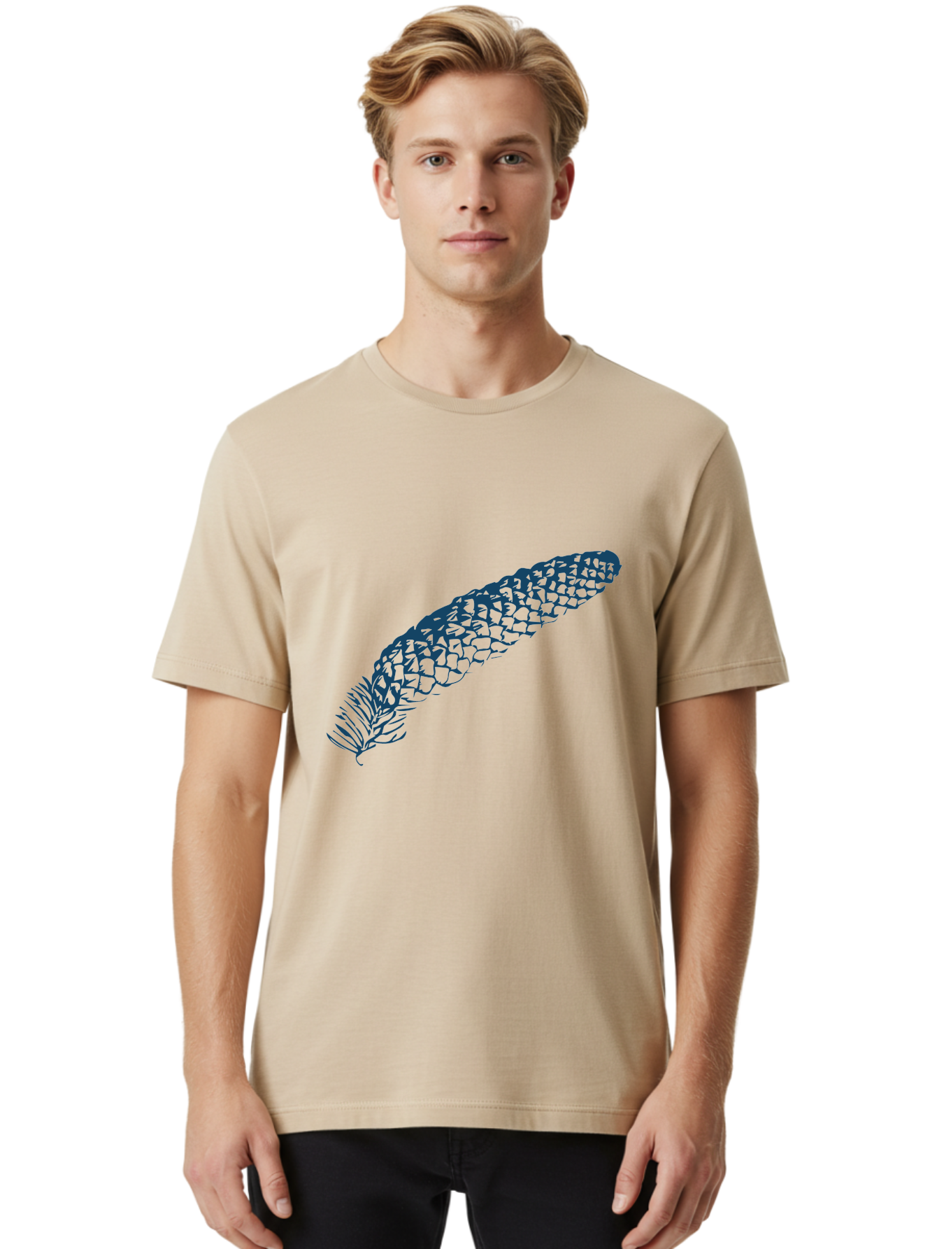Pinecone Men'S Graphic Tee, 100% Cotton, Comfortable Casual Summer Wear, Machine Washable, Blue Feather Illustration, Intricate Scale Pattern, Bird Symbolism, Nature-Inspired Art, Abstract Design, Feather Texture, Artistic Expression, Aae581