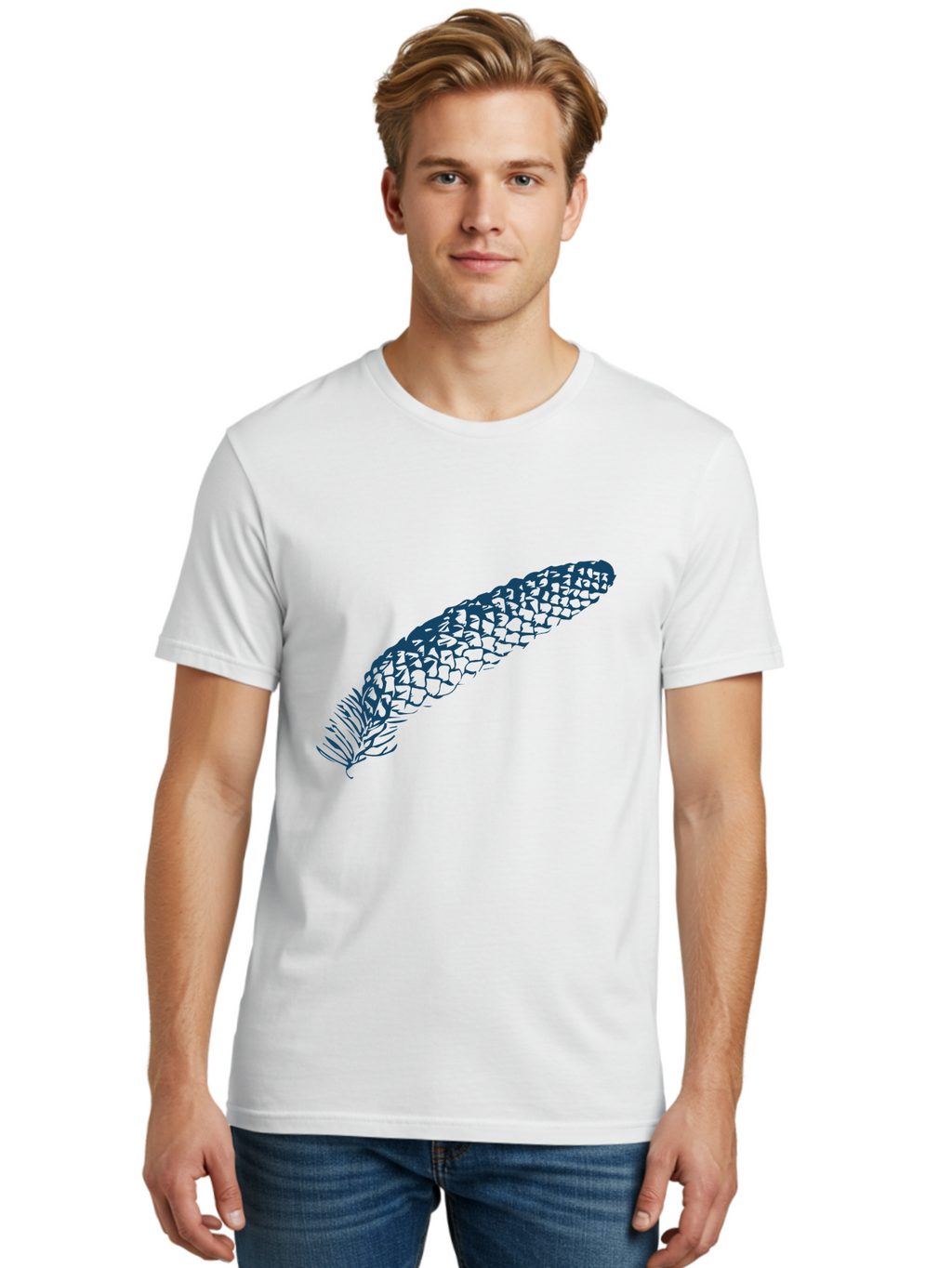 Pinecone Men'S Graphic Tee, 100% Cotton, Comfortable Casual Summer Wear, Machine Washable, Blue Feather Illustration, Intricate Scale Pattern, Bird Symbolism, Nature-Inspired Art, Abstract Design, Feather Texture, Artistic Expression, Aae581