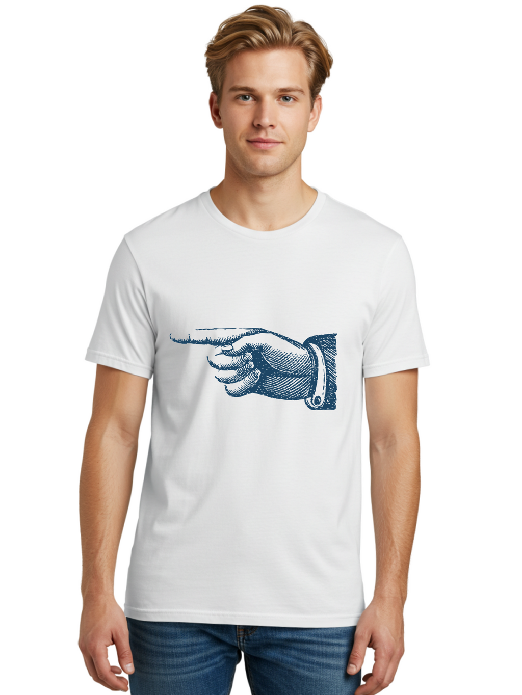Pointing Finger 2 Men'S Graphic Tee, 100% Cotton, Comfortable Casual Summer Wear, Machine Washable, Hand Pointing, Index Finger Extended, Vintage Illustration, Pointing Gesture, Illustration Art, Classic Design, Direction Indicator, Aae585