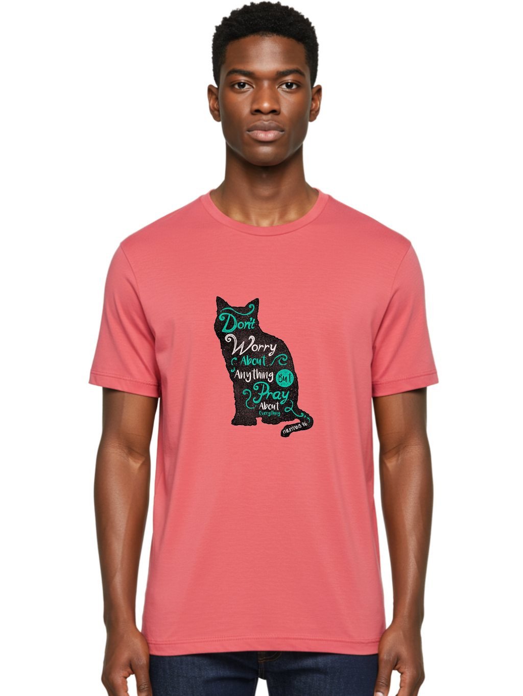 Pray For Everything Men'S Graphic Tee, 100% Cotton, Comfortable Casual Summer Wear, Machine Washable, Motivational Quote, Inspirational Words, Cat Silhouette, Prayer Reminder, Calming Phrase, Don'T Worry, Pray About Everything Aae586