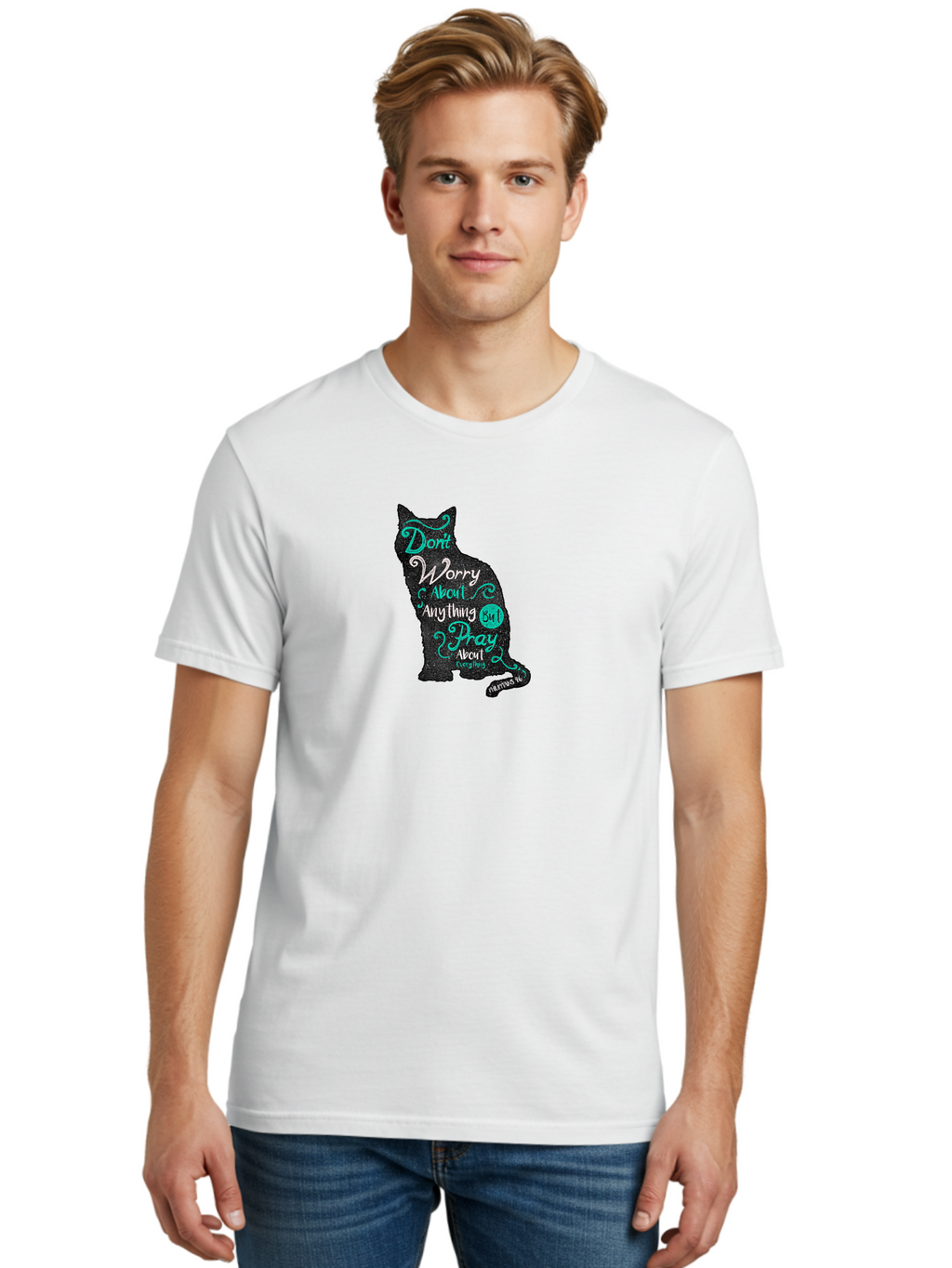 Pray For Everything Men'S Graphic Tee, 100% Cotton, Comfortable Casual Summer Wear, Machine Washable, Motivational Quote, Inspirational Words, Cat Silhouette, Prayer Reminder, Calming Phrase, Don'T Worry, Pray About Everything Aae586