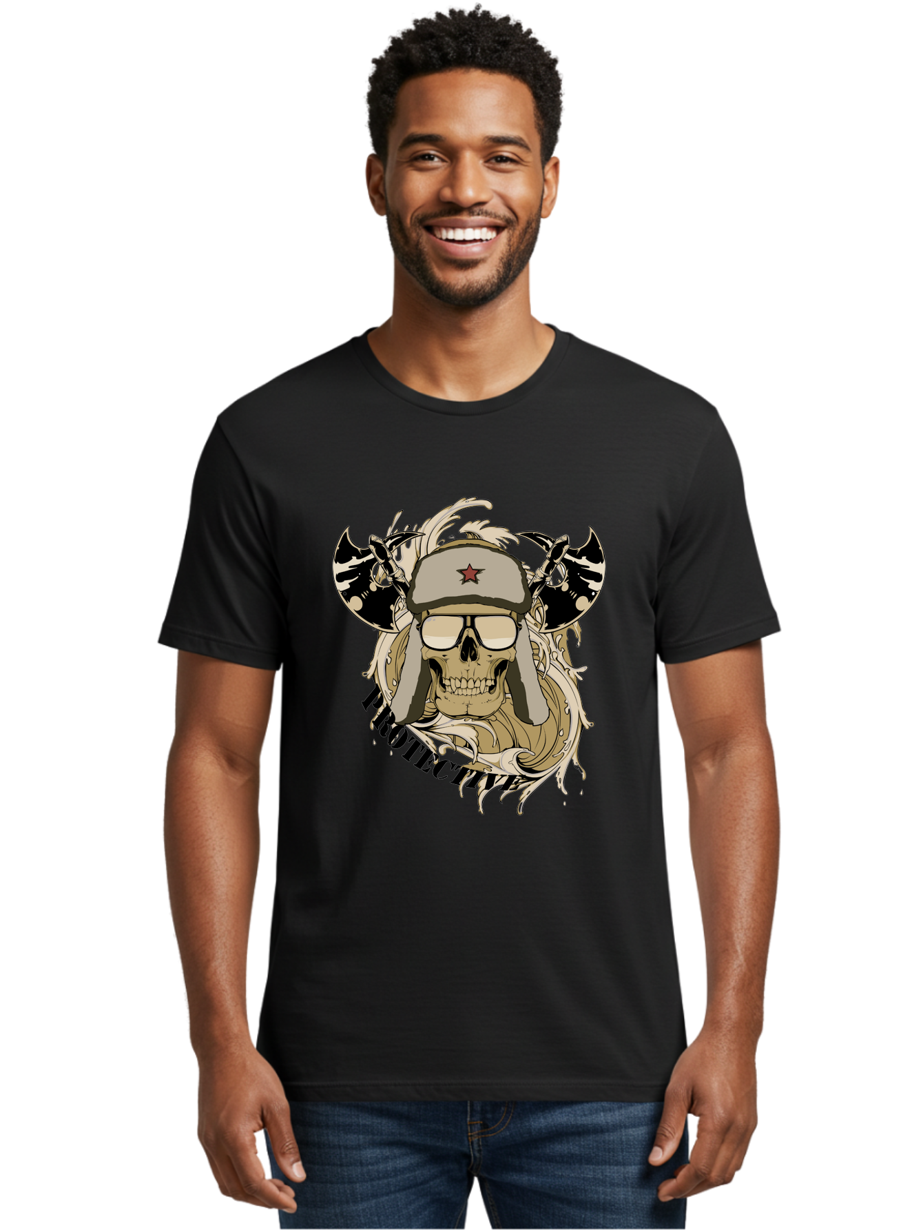 Proactive War Skull Men'S Graphic Tee, 100% Cotton, Comfortable Casual Summer Wear, Machine Washable, Skull Wearing Sunglasses, Futuristic Illustration, Fantasy Art, Edgy Design, Skull Art, Grunge Style, Punk Rock Aesthetic, Rebellious Vibe Aae588