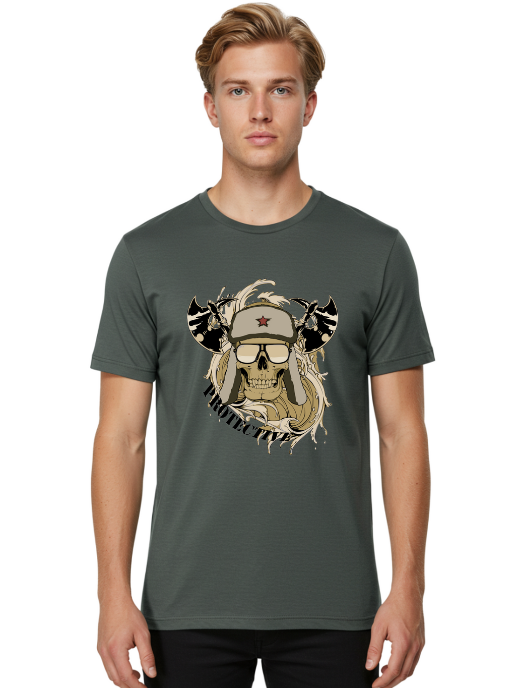 Proactive War Skull Men'S Graphic Tee, 100% Cotton, Comfortable Casual Summer Wear, Machine Washable, Skull Wearing Sunglasses, Futuristic Illustration, Fantasy Art, Edgy Design, Skull Art, Grunge Style, Punk Rock Aesthetic, Rebellious Vibe Aae588