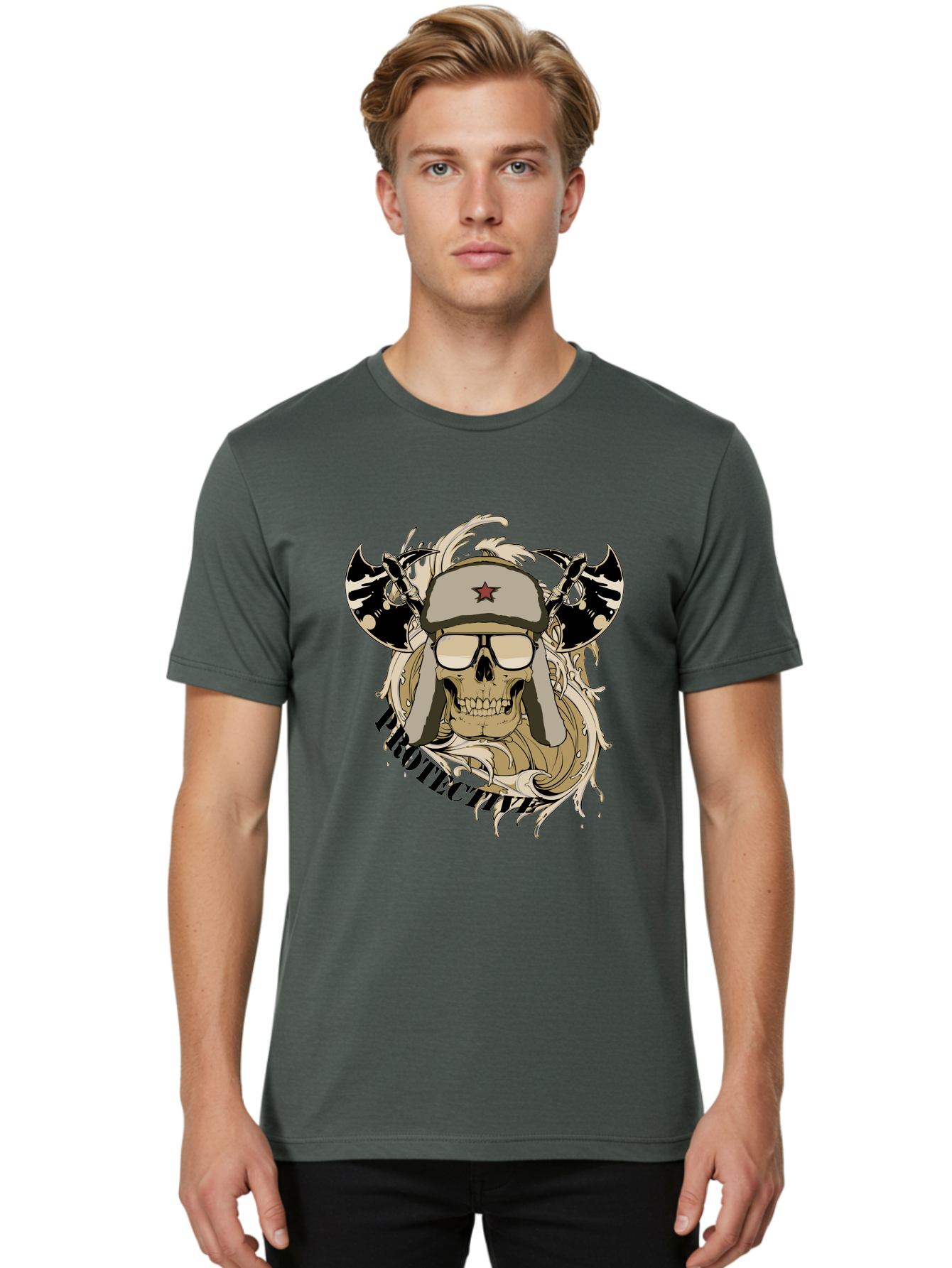 Proactive War Skull Men'S Graphic Tee, 100% Cotton, Comfortable Casual Summer Wear, Machine Washable, Skull Wearing Sunglasses, Futuristic Illustration, Fantasy Art, Edgy Design, Skull Art, Grunge Style, Punk Rock Aesthetic, Rebellious Vibe Aae588