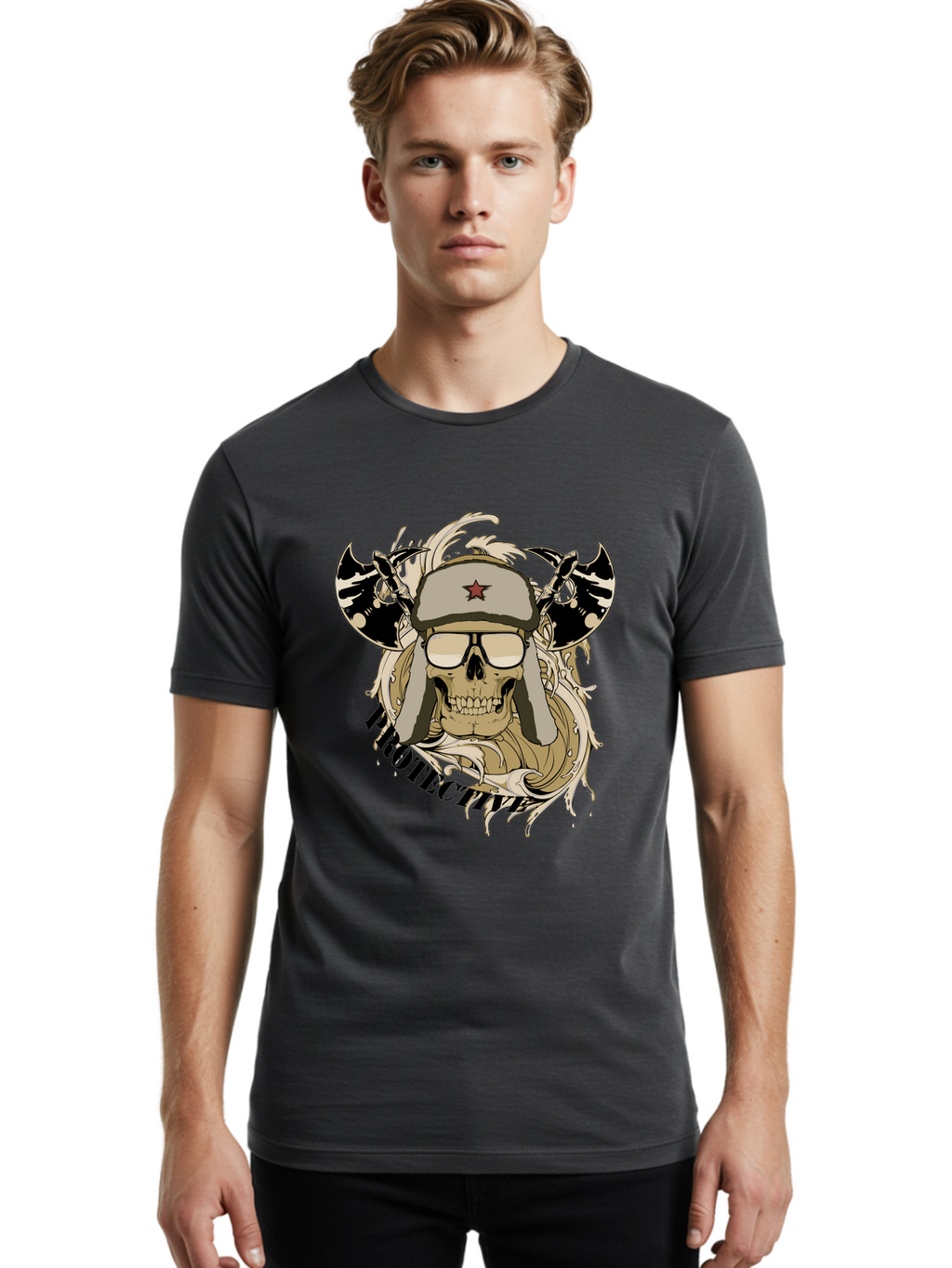 Proactive War Skull Men'S Graphic Tee, 100% Cotton, Comfortable Casual Summer Wear, Machine Washable, Skull Wearing Sunglasses, Futuristic Illustration, Fantasy Art, Edgy Design, Skull Art, Grunge Style, Punk Rock Aesthetic, Rebellious Vibe Aae588