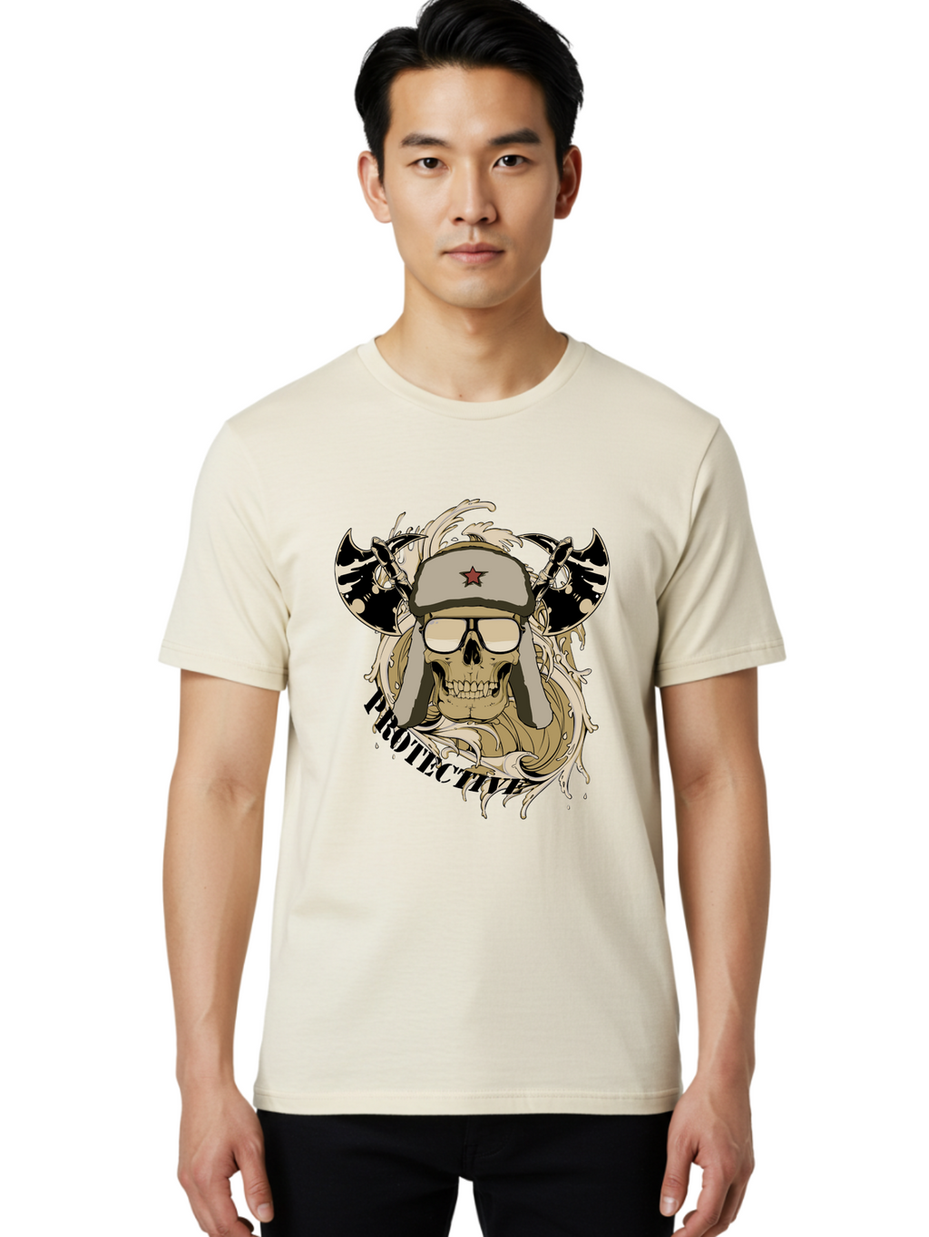 Proactive War Skull Men'S Graphic Tee, 100% Cotton, Comfortable Casual Summer Wear, Machine Washable, Skull Wearing Sunglasses, Futuristic Illustration, Fantasy Art, Edgy Design, Skull Art, Grunge Style, Punk Rock Aesthetic, Rebellious Vibe Aae588