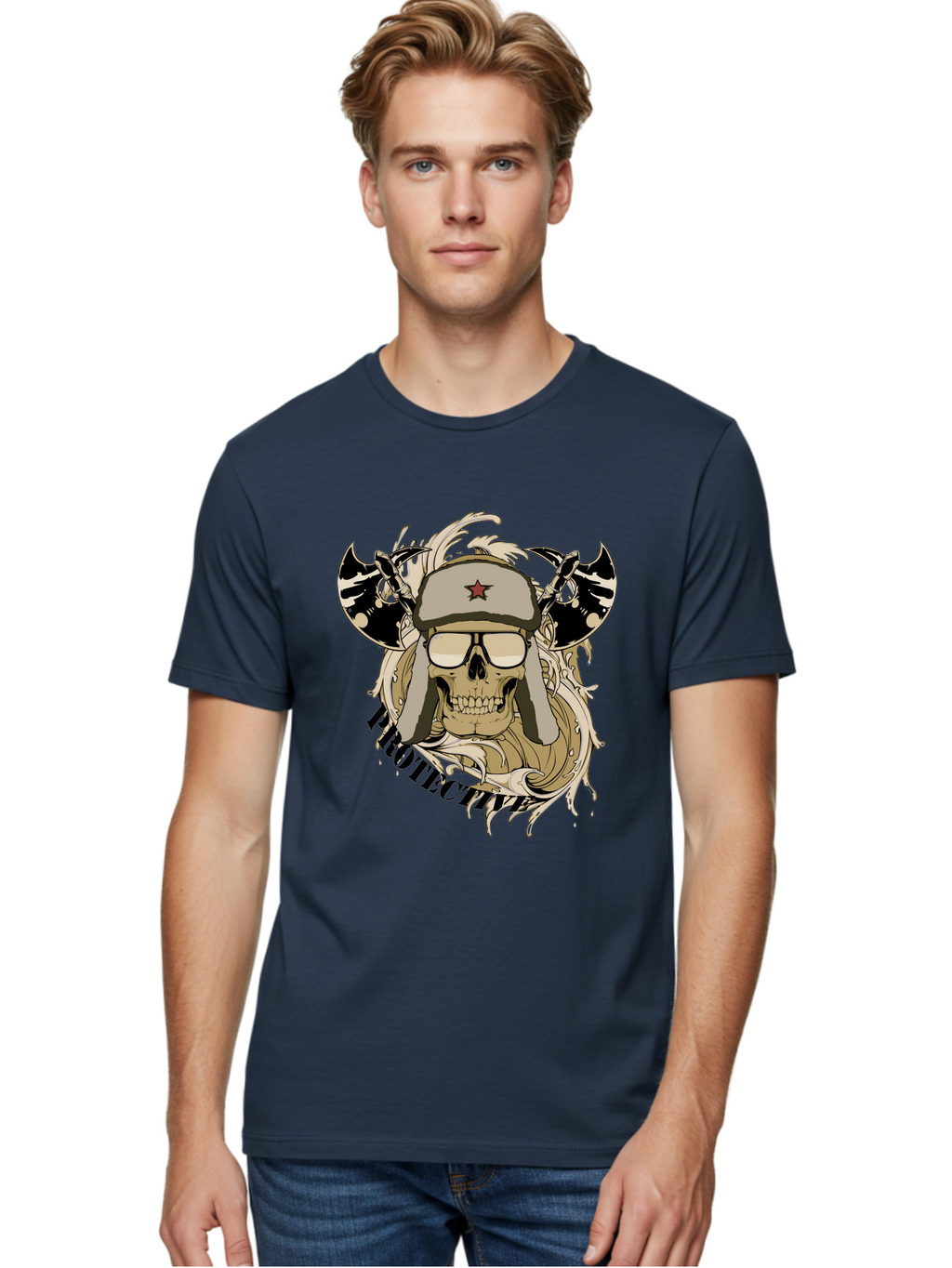 Proactive War Skull Men'S Graphic Tee, 100% Cotton, Comfortable Casual Summer Wear, Machine Washable, Skull Wearing Sunglasses, Futuristic Illustration, Fantasy Art, Edgy Design, Skull Art, Grunge Style, Punk Rock Aesthetic, Rebellious Vibe Aae588