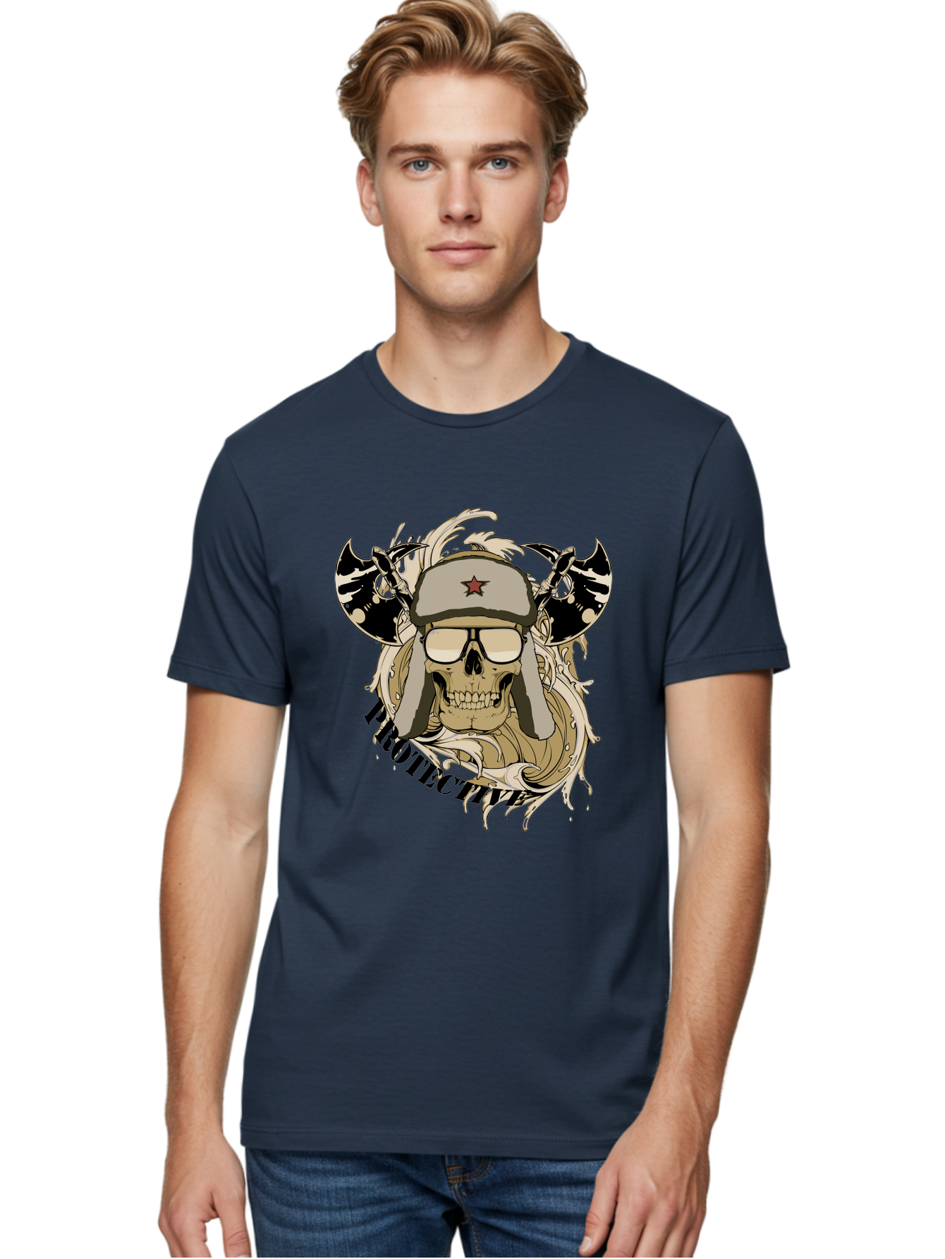 Proactive War Skull Men'S Graphic Tee, 100% Cotton, Comfortable Casual Summer Wear, Machine Washable, Skull Wearing Sunglasses, Futuristic Illustration, Fantasy Art, Edgy Design, Skull Art, Grunge Style, Punk Rock Aesthetic, Rebellious Vibe Aae588