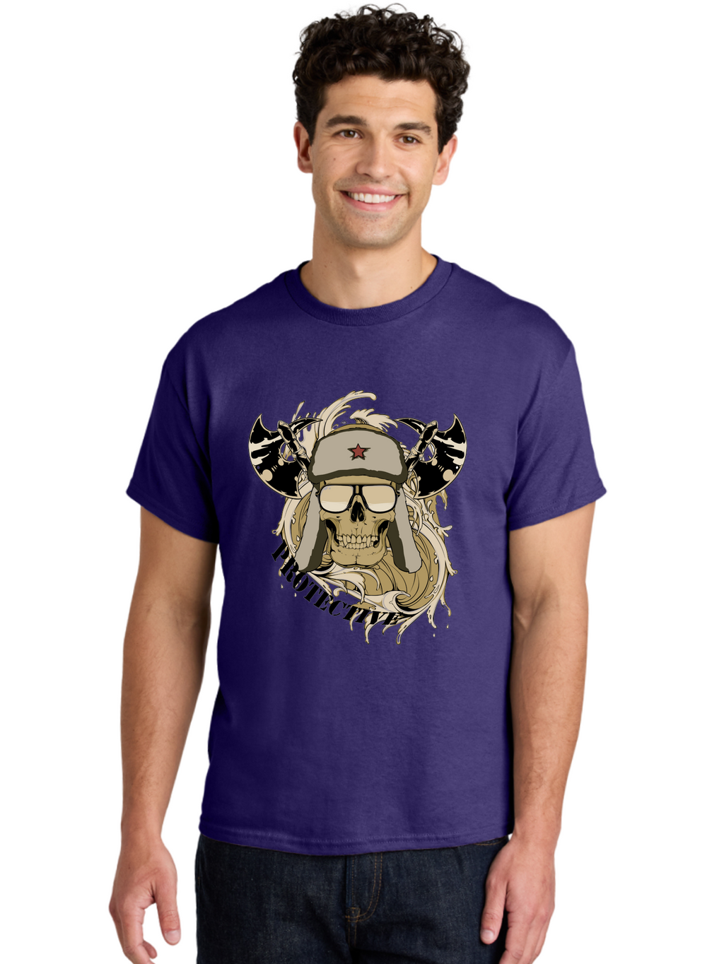 Proactive War Skull Men'S Graphic Tee, 100% Cotton, Comfortable Casual Summer Wear, Machine Washable, Skull Wearing Sunglasses, Futuristic Illustration, Fantasy Art, Edgy Design, Skull Art, Grunge Style, Punk Rock Aesthetic, Rebellious Vibe Aae588