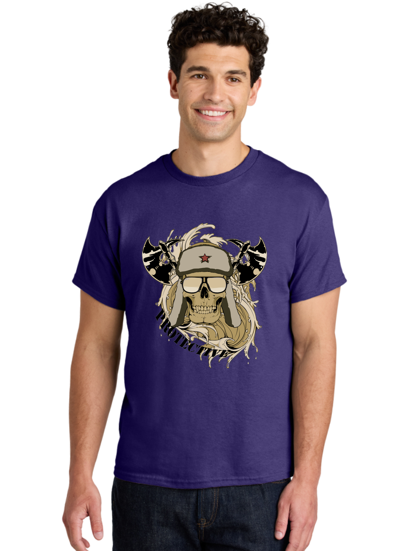 Proactive War Skull Men'S Graphic Tee, 100% Cotton, Comfortable Casual Summer Wear, Machine Washable, Skull Wearing Sunglasses, Futuristic Illustration, Fantasy Art, Edgy Design, Skull Art, Grunge Style, Punk Rock Aesthetic, Rebellious Vibe Aae588