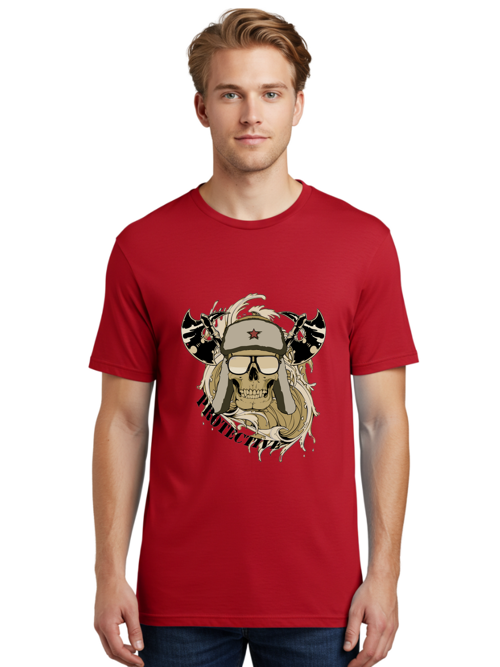 Proactive War Skull Men'S Graphic Tee, 100% Cotton, Comfortable Casual Summer Wear, Machine Washable, Skull Wearing Sunglasses, Futuristic Illustration, Fantasy Art, Edgy Design, Skull Art, Grunge Style, Punk Rock Aesthetic, Rebellious Vibe Aae588